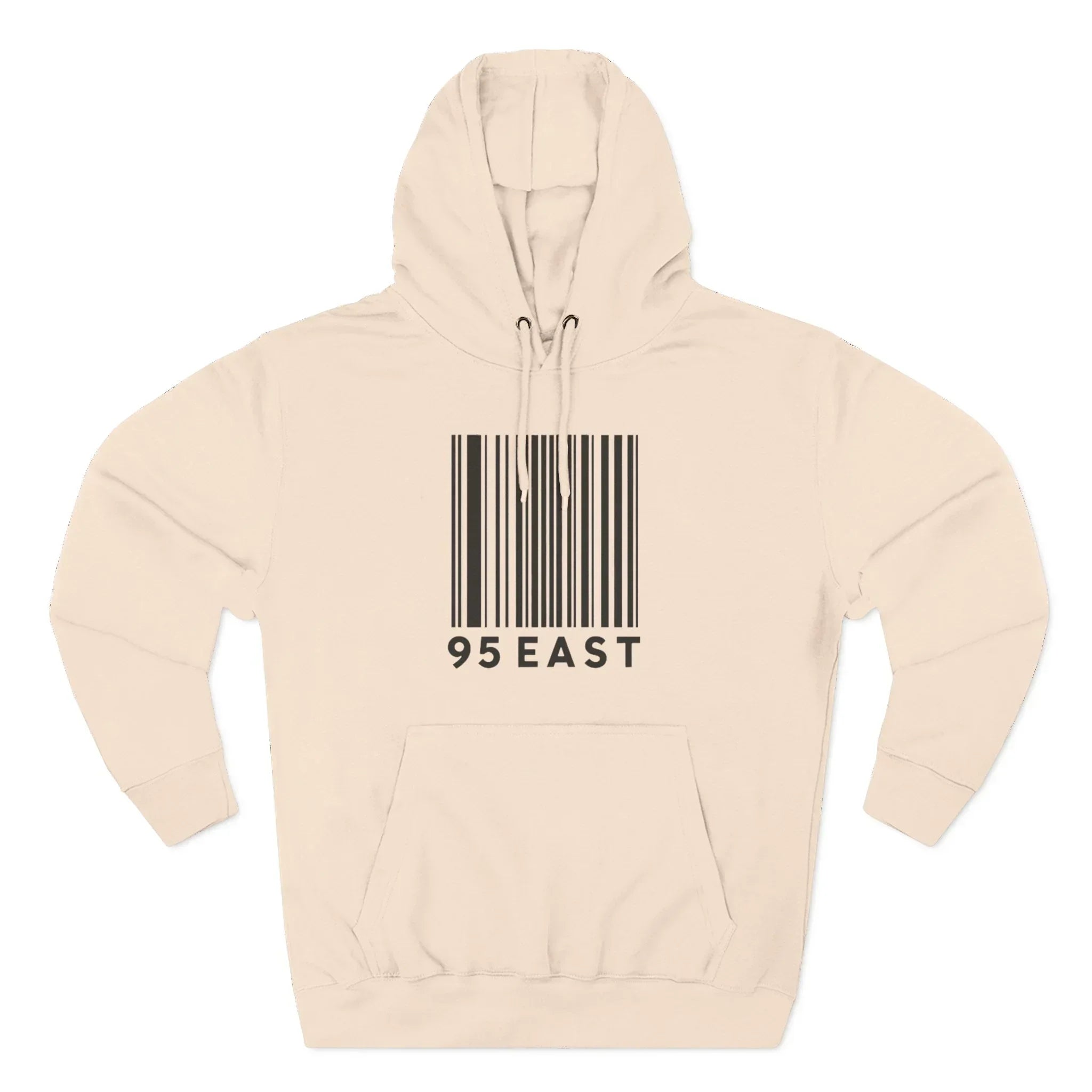 Beige hoodie with black barcode graphic and '95 EAST' text on front, lifestyle apparel