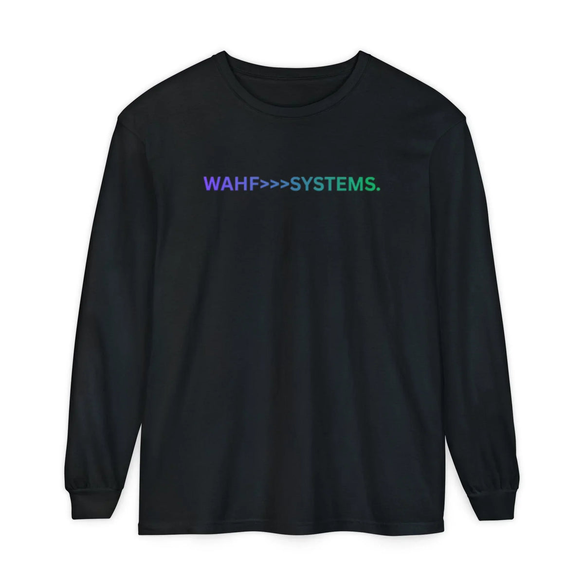 Black long sleeve shirt with 'WAHF>>>SYSTEMS.' text in gradient colors on chest