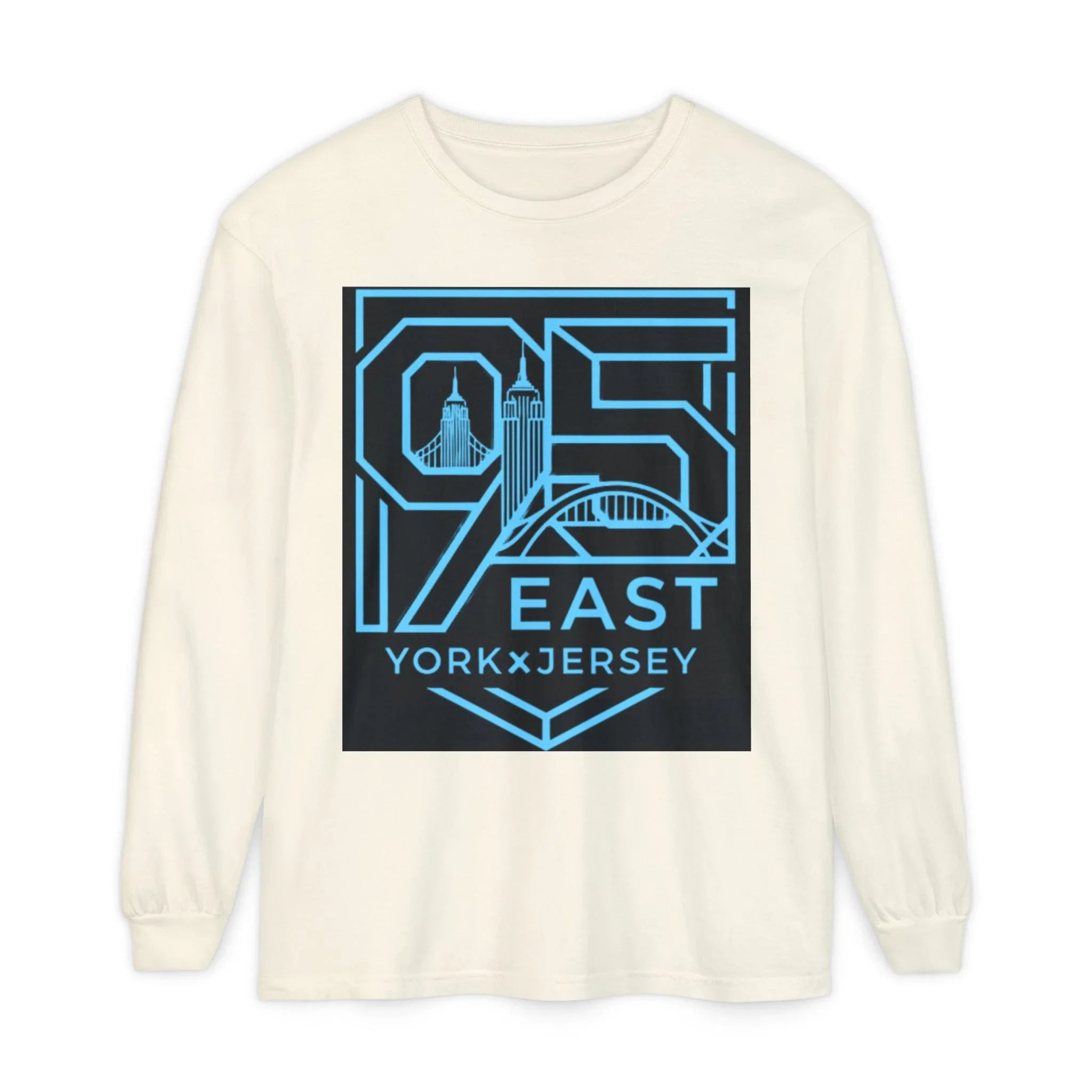 Cream long-sleeve shirt with blue '95 East YorkxJersey' graphic featuring city skyline and bridge design