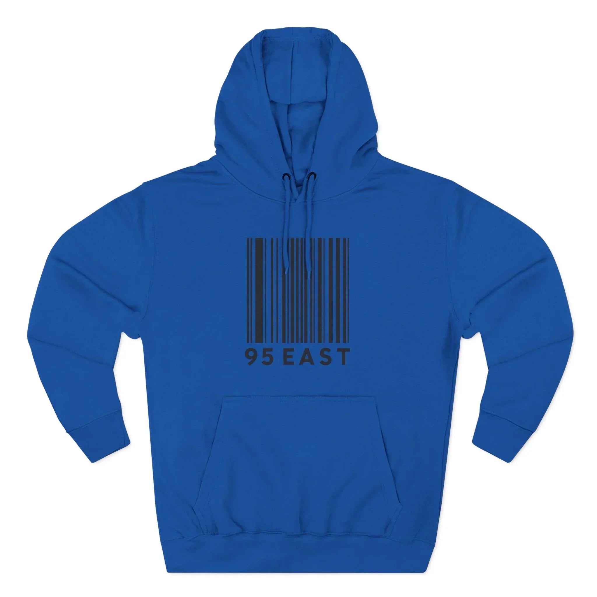 Blue hoodie with barcode design and 95 EAST text, modern East Coast style apparel