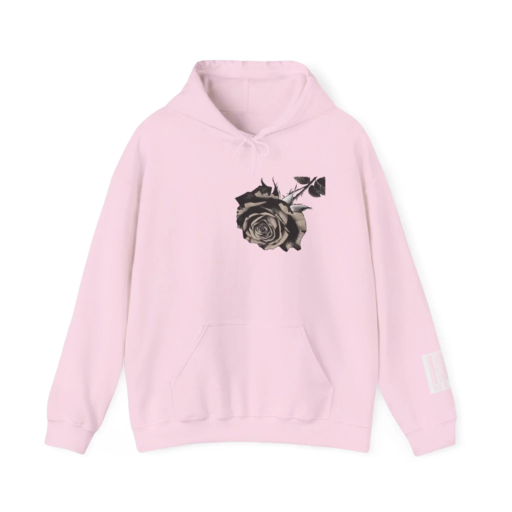 Light pink hoodie with black rose graphic on chest and barcode detail on sleeve