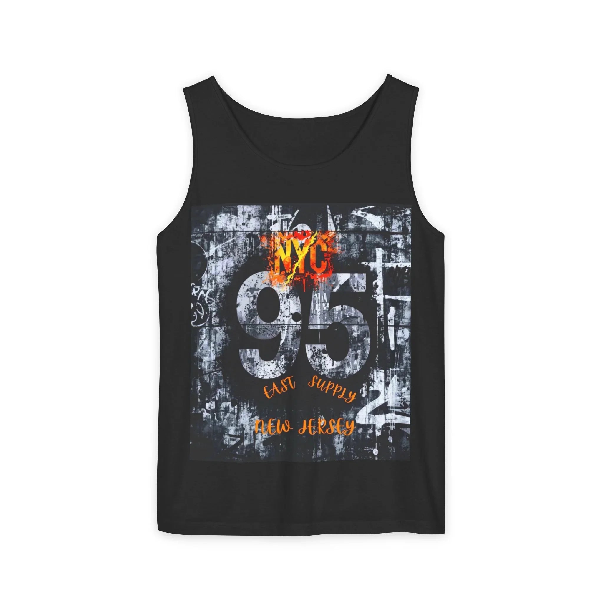 Black tank top with NYC 95 East Supply New Jersey graphic, urban street art design