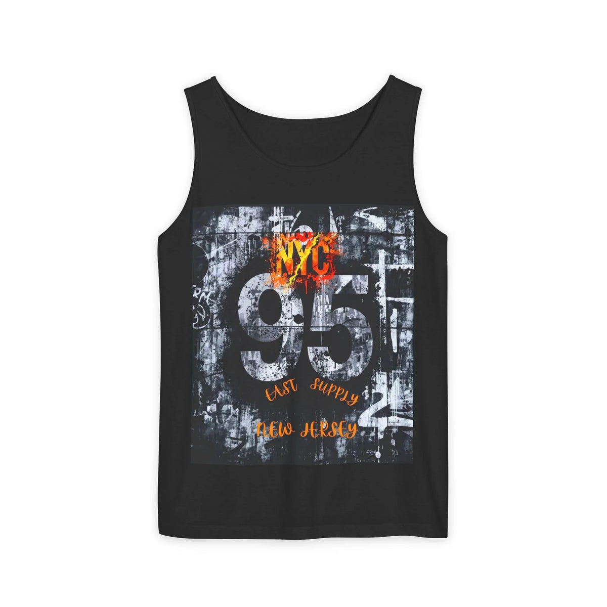 Black tank top with NYC 95 East Supply New Jersey graphic, urban street art design
