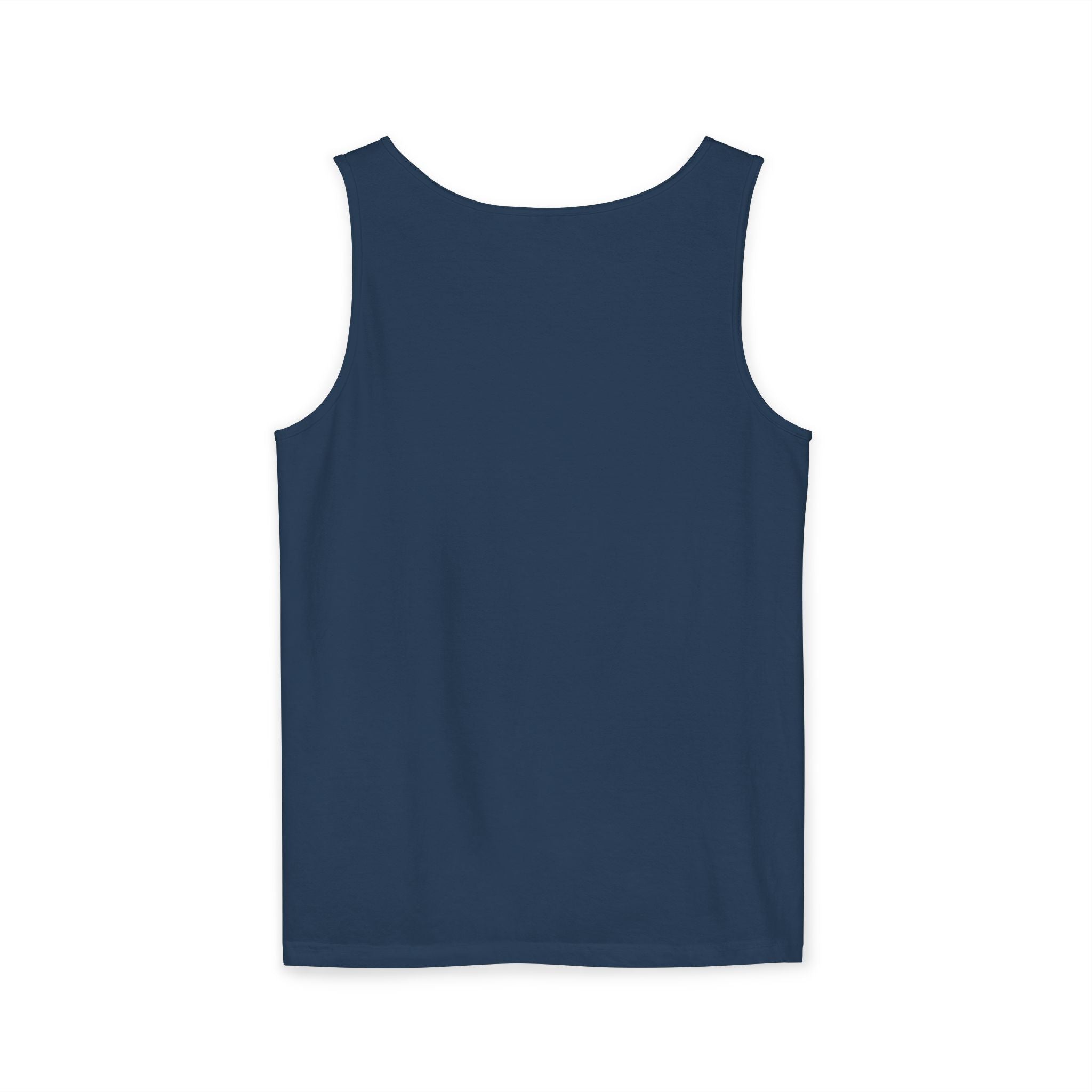 Back view of plain navy blue unisex tank top against white background