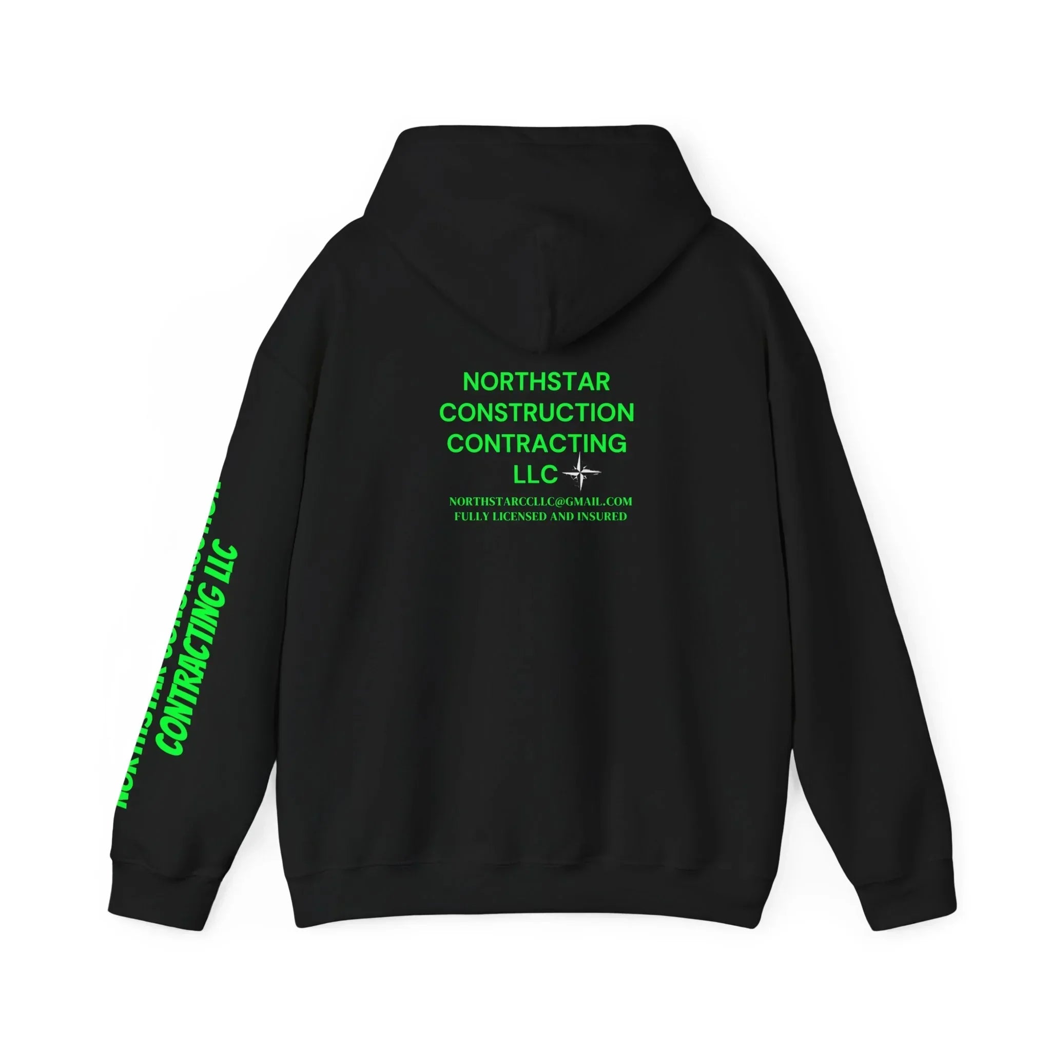 Black hoodie with green Northstar Construction Contracting LLC print, back and sleeve design