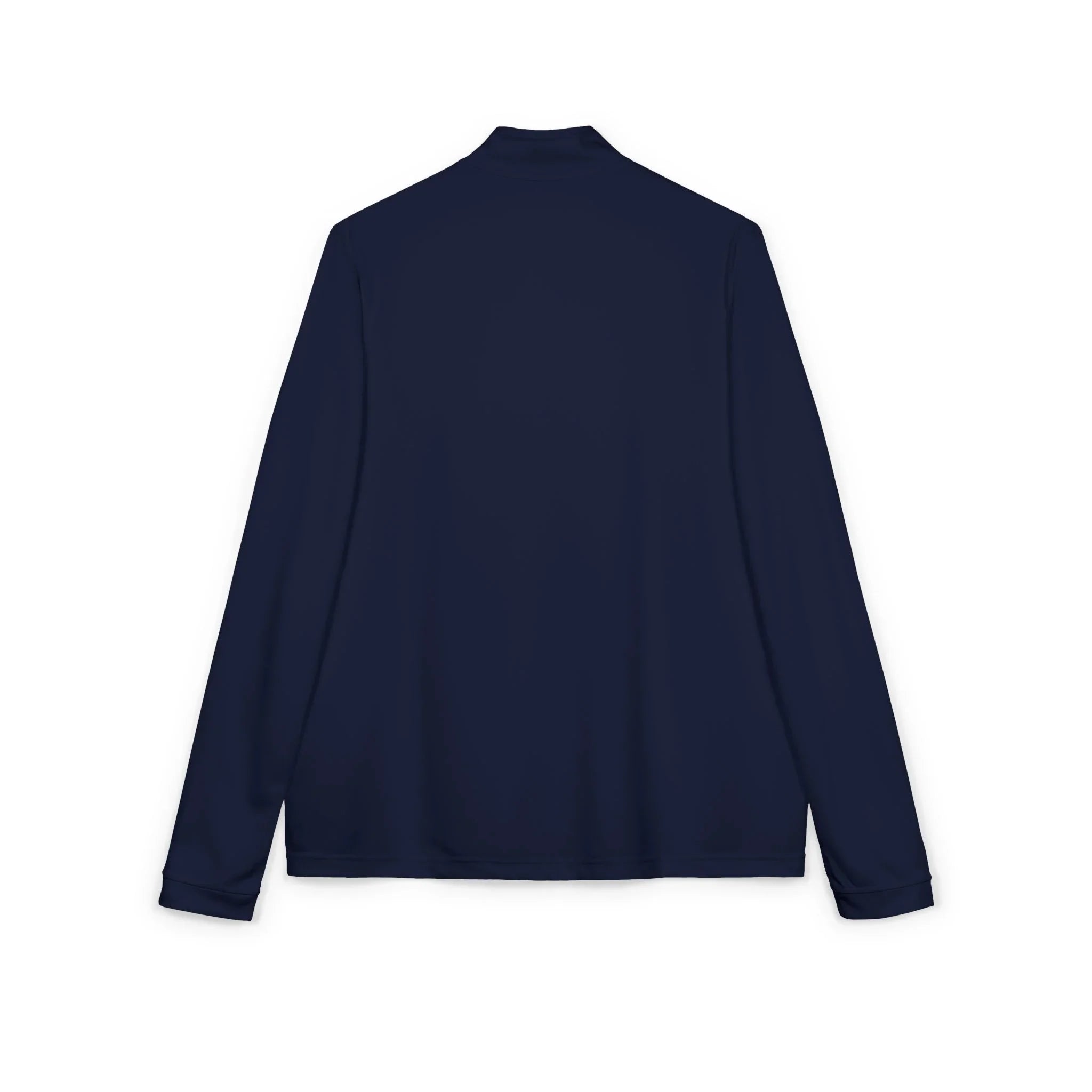 Back view of a navy blue long sleeve shirt on a white background