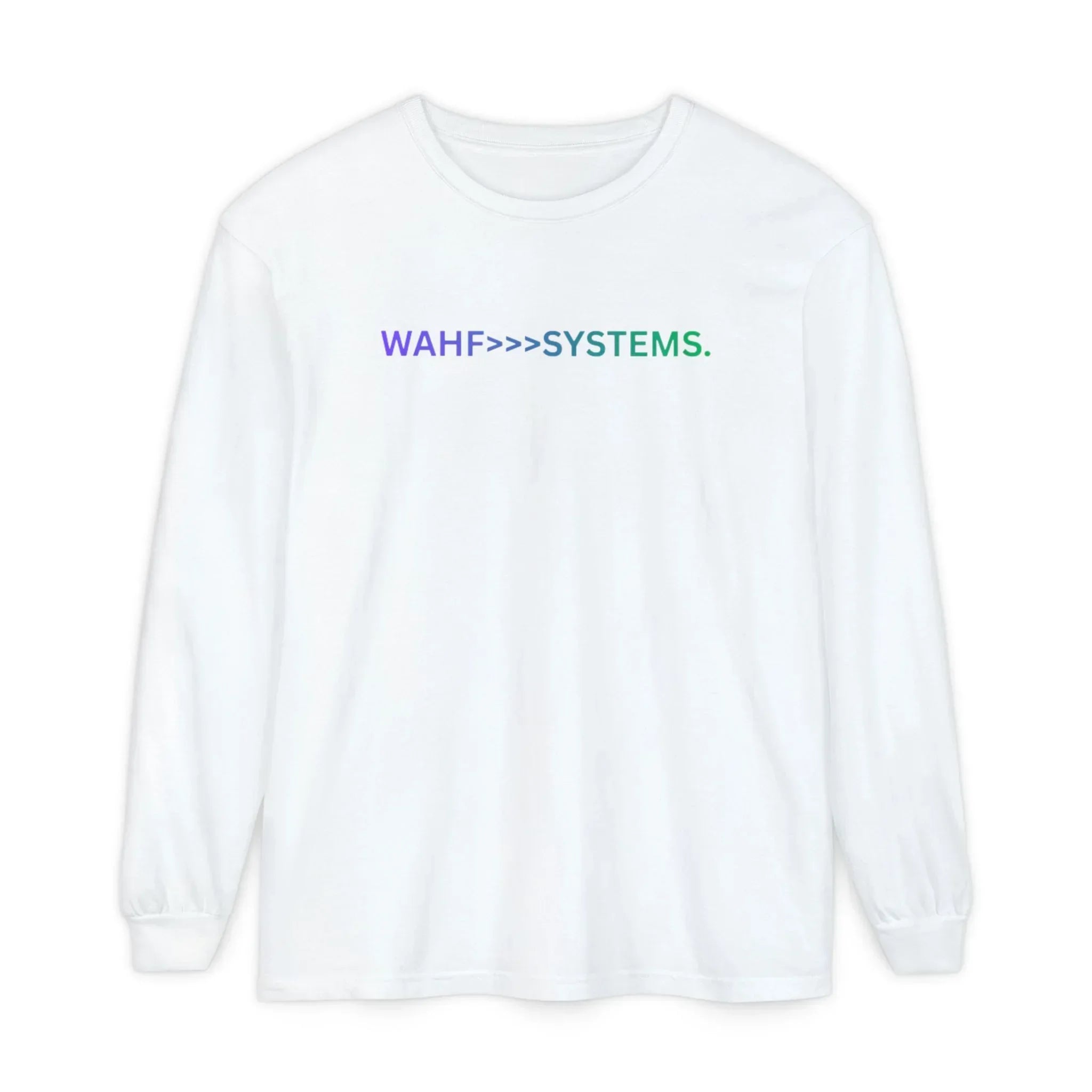 White long sleeve shirt with 'WAHF>>>SYSTEMS.' text in multicolor on chest
