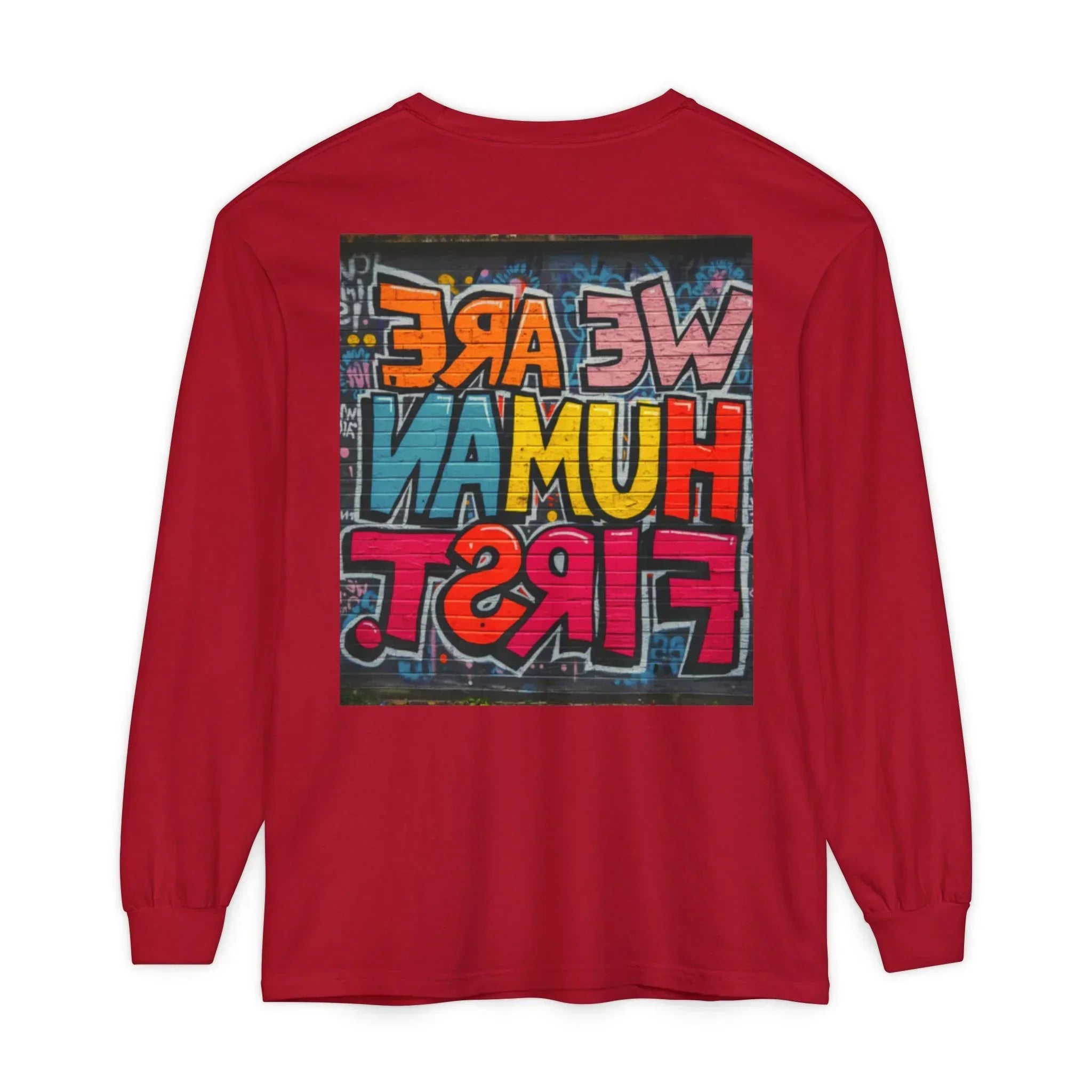 Red long sleeve shirt with colorful graffiti text graphic on back, urban street style