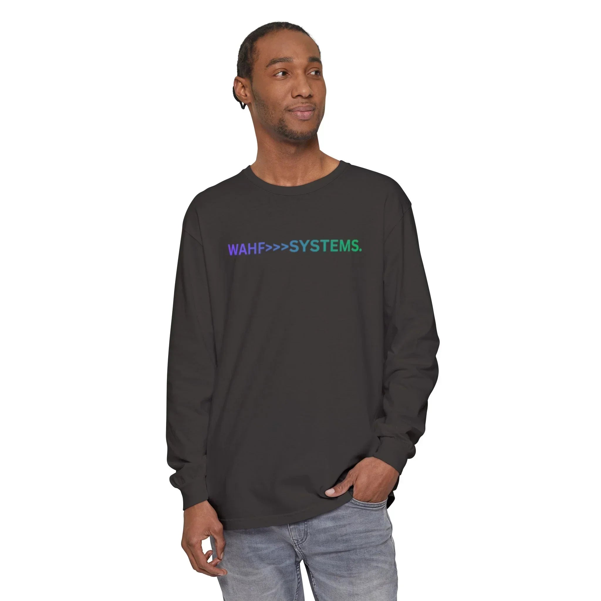 Man wearing black long sleeve shirt with 'WAHF>>>SYSTEMS.' text, casual streetwear style