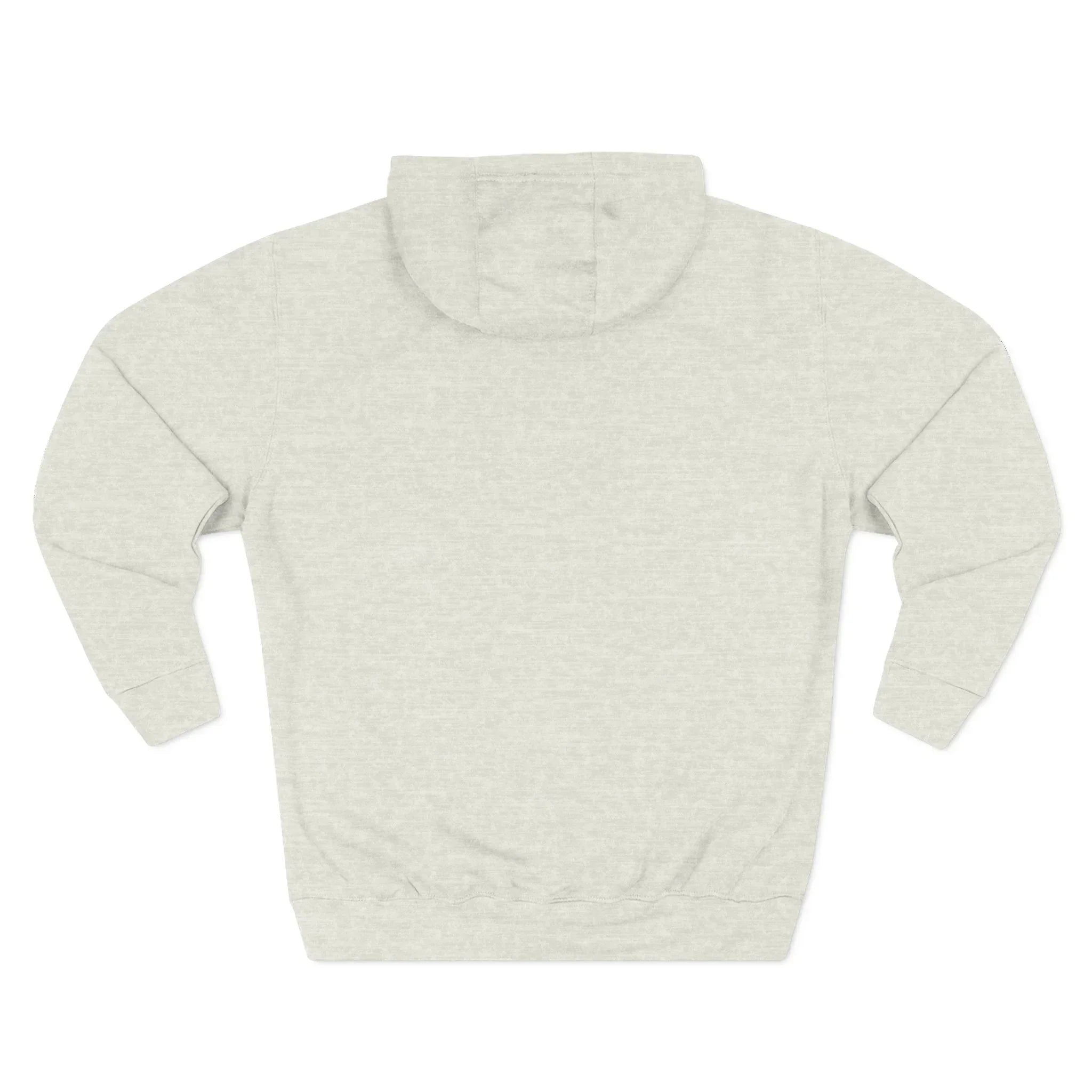Back view of plain light grey hooded sweatshirt on white background