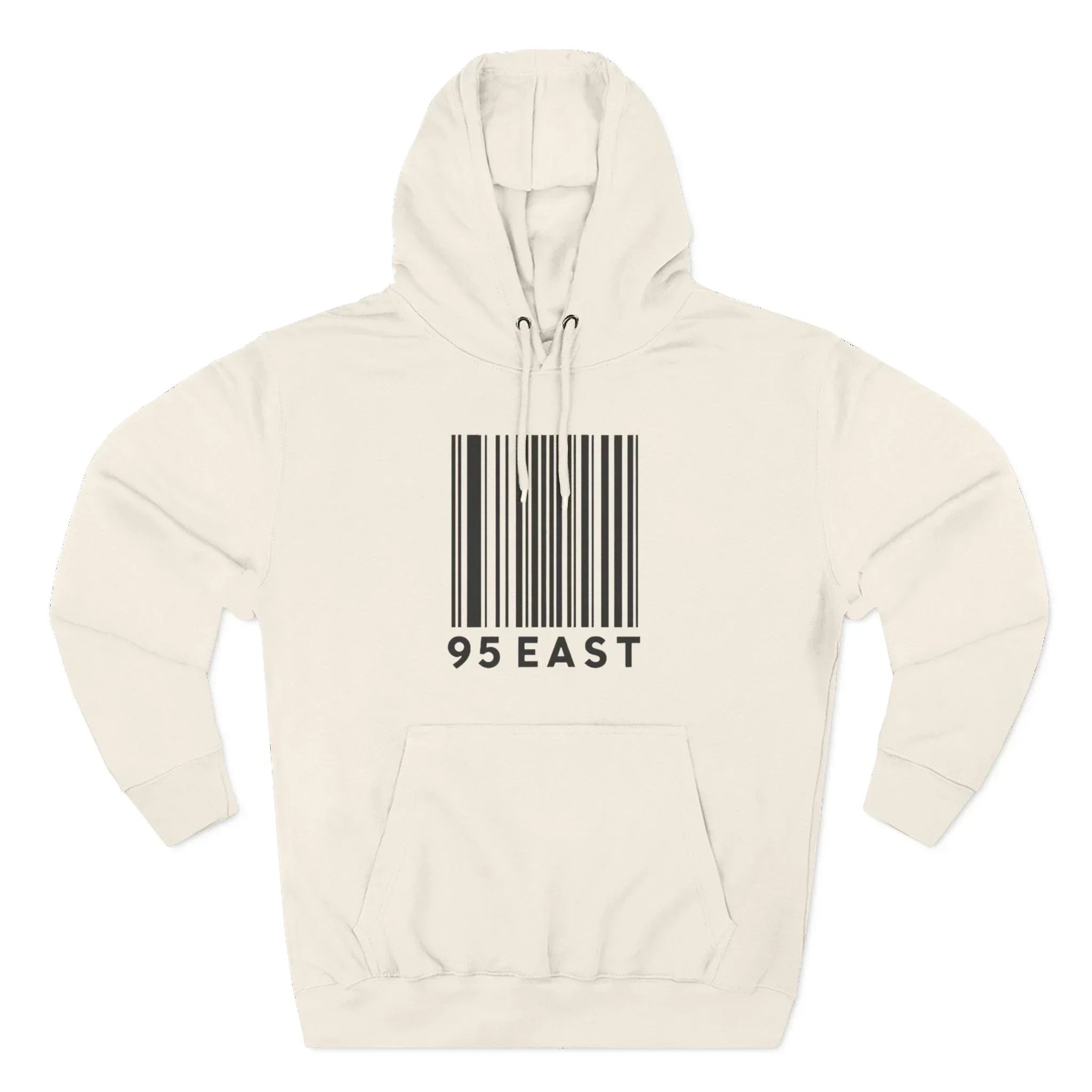 Cream hoodie with bold barcode graphic and '95 EAST' text, modern streetwear style