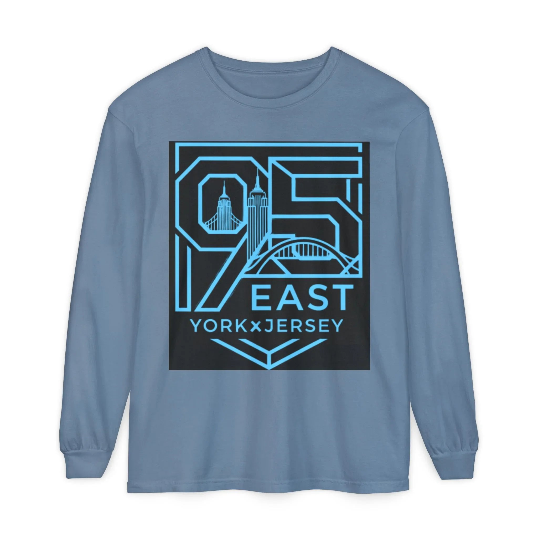 Blue long-sleeve tee with bold '95 East YorkxJersey' graphic, featuring city skyline and bridge design.