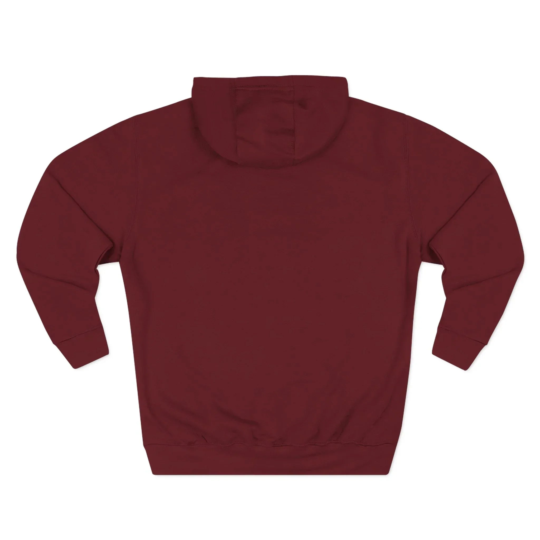 Back view of a maroon hooded sweatshirt with long sleeves and ribbed cuffs