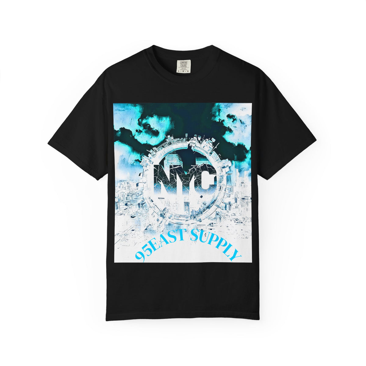 Black t-shirt with NYC cityscape graphic and 95EAST SUPPLY text, urban streetwear design