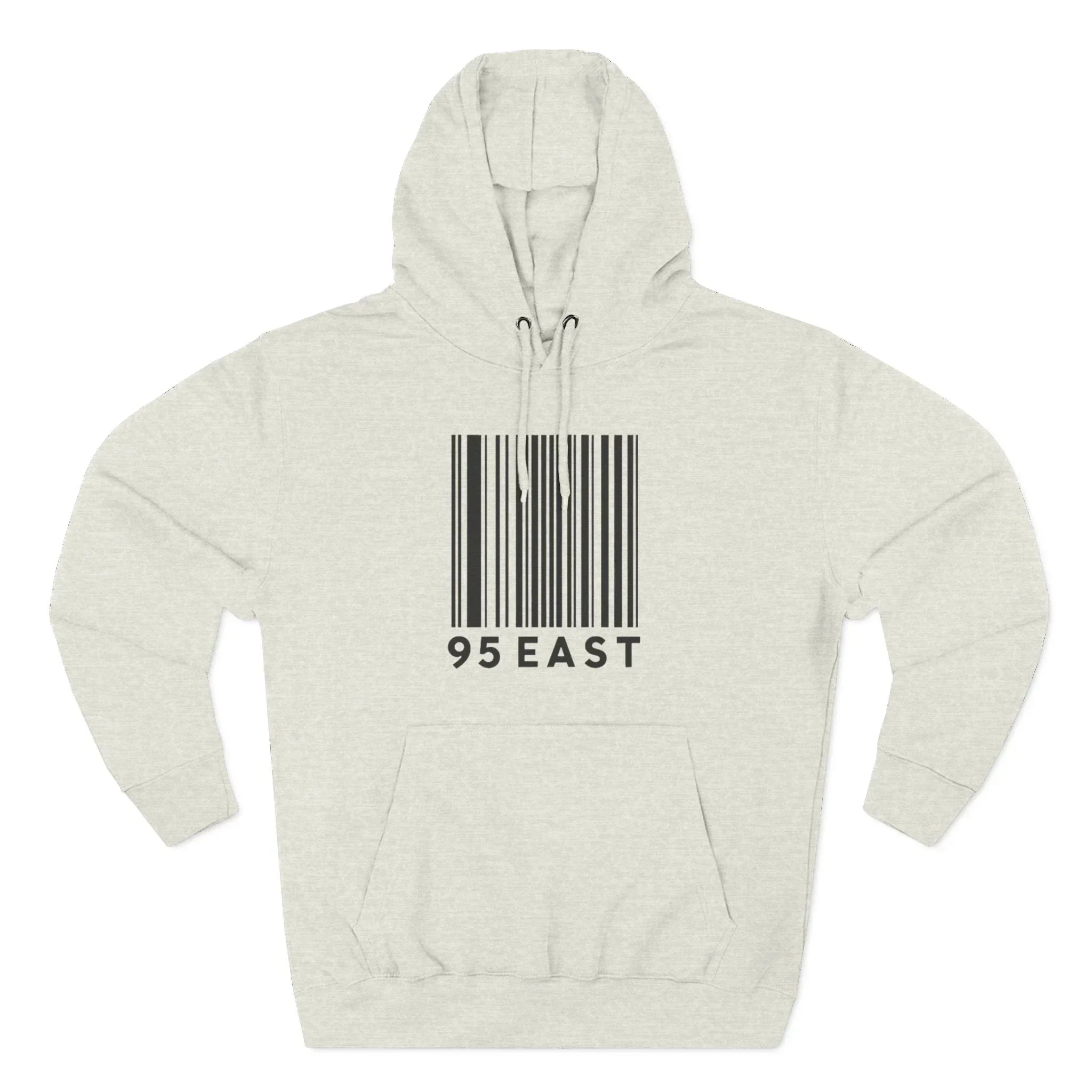 Light gray hoodie with bold barcode design and '95 EAST' text, modern East Coast style apparel