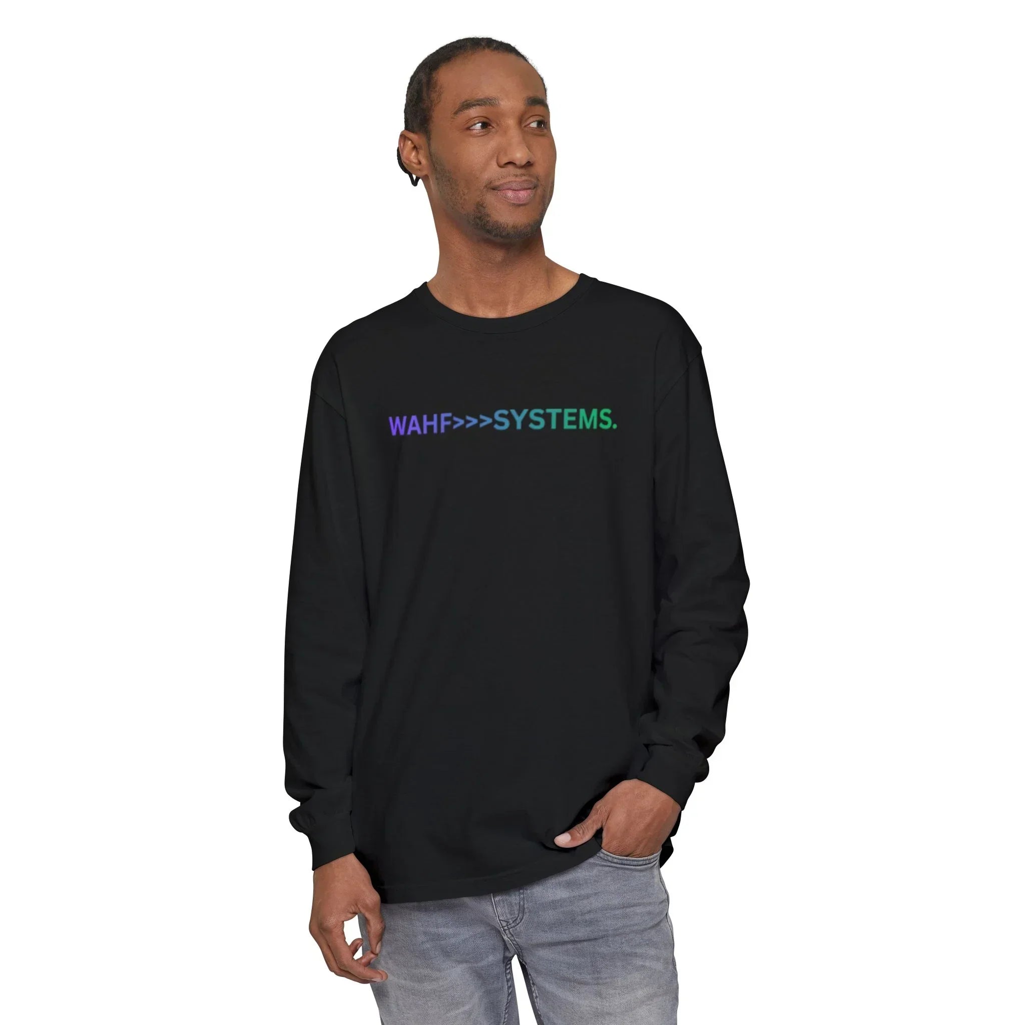 Man wearing black long sleeve shirt with 'WAHF>>>SYSTEMS.' text in colorful font