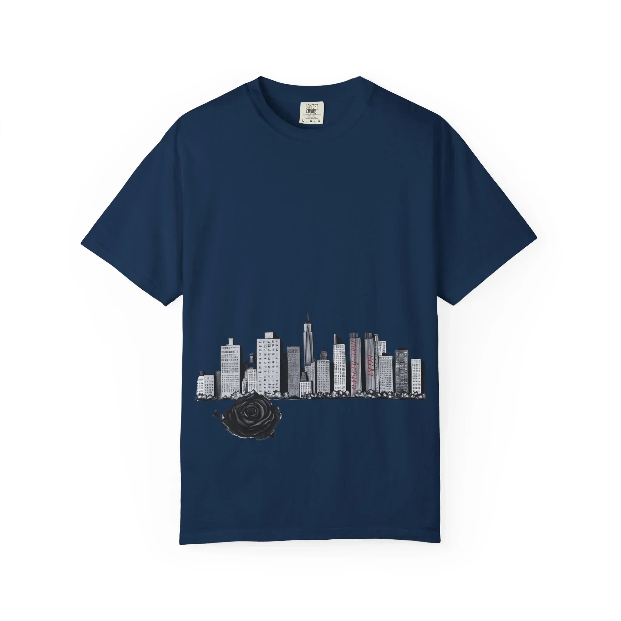Navy blue t-shirt with city skyline and black rose graphic print on front