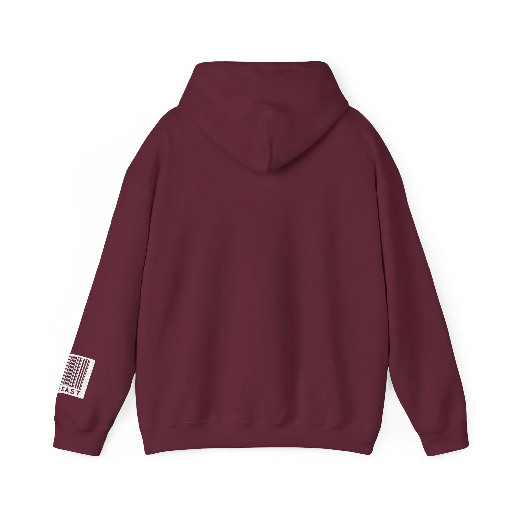 Maroon hoodie with bar code graphic on sleeve, back view, casual streetwear style