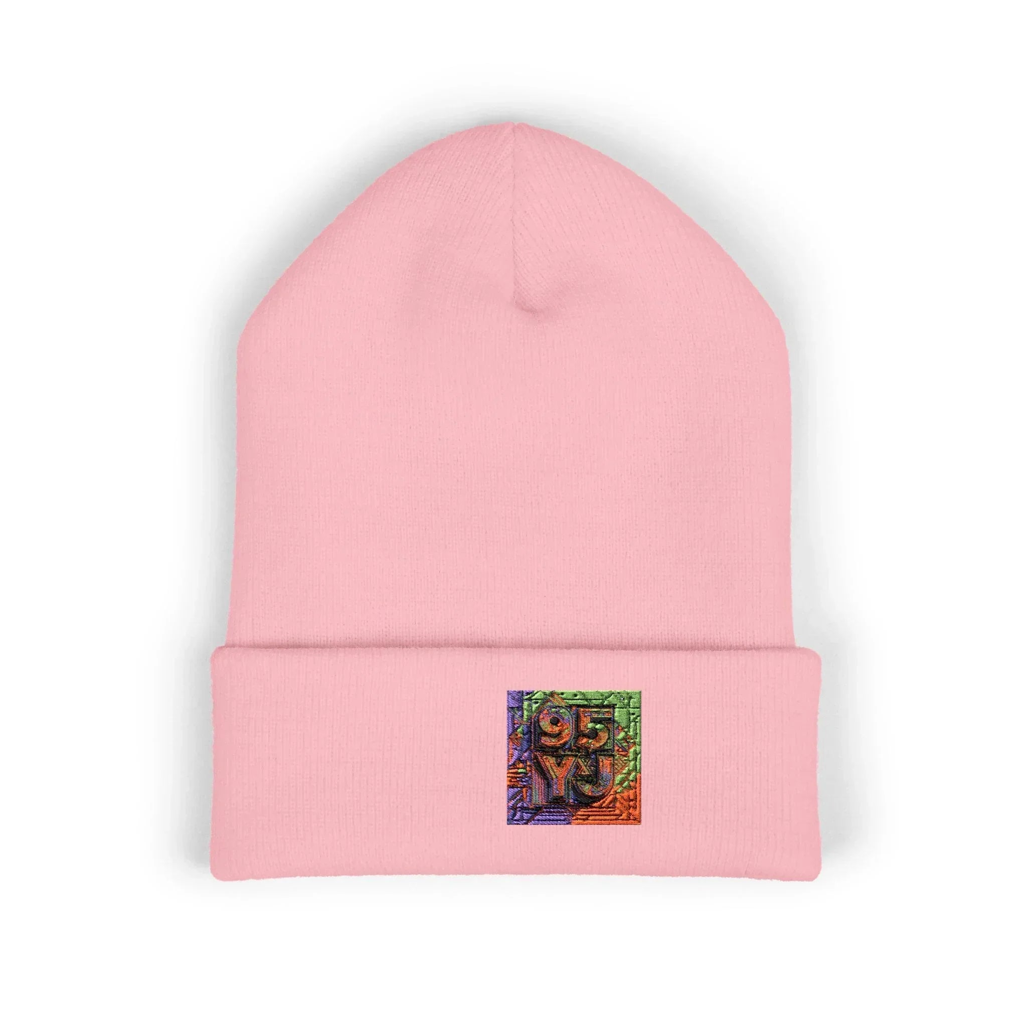 Pink beanie with colorful 95YJ logo patch, cozy winter hat for East Coast style