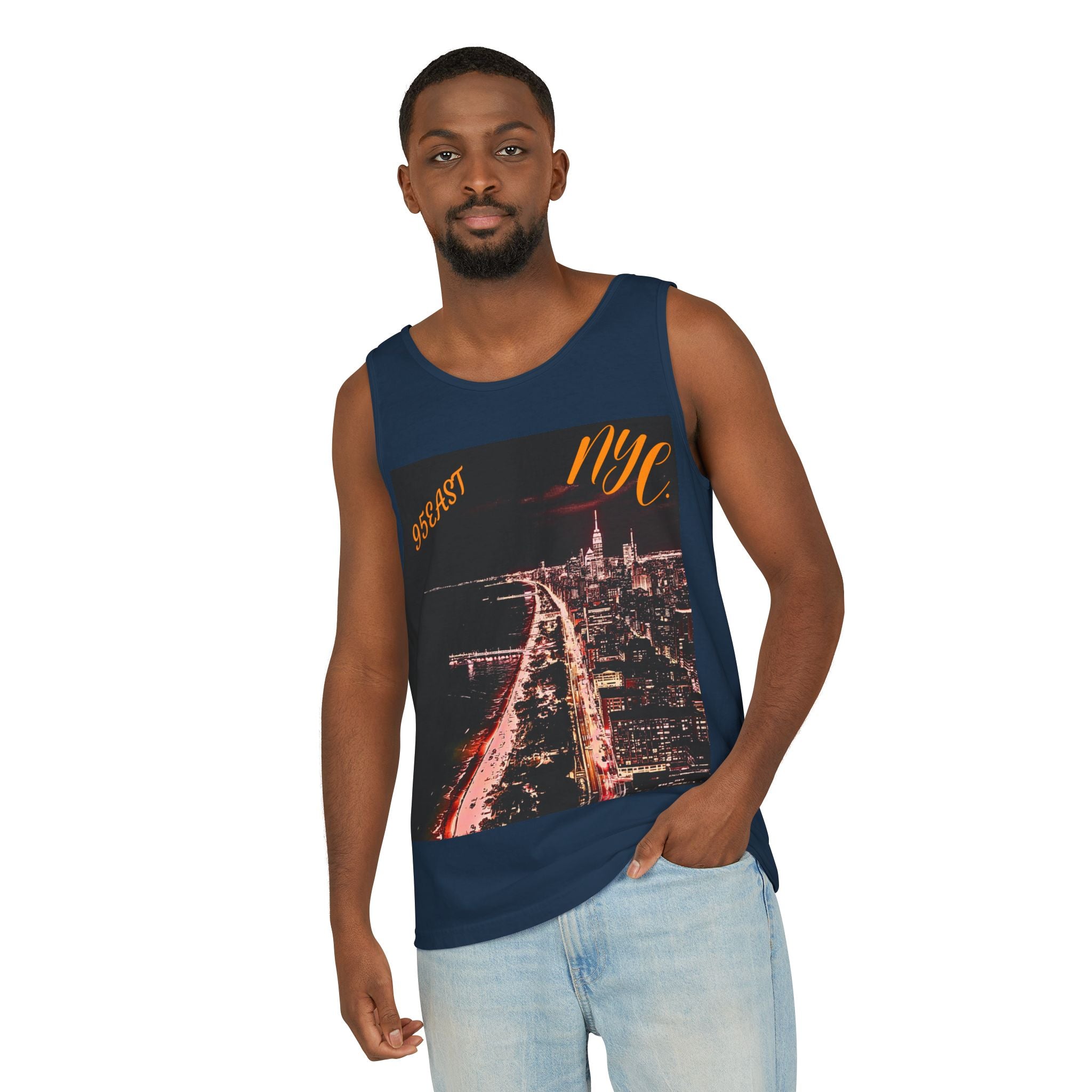 Man wearing navy tank top with NYC cityscape graphic and yellow text, casual style