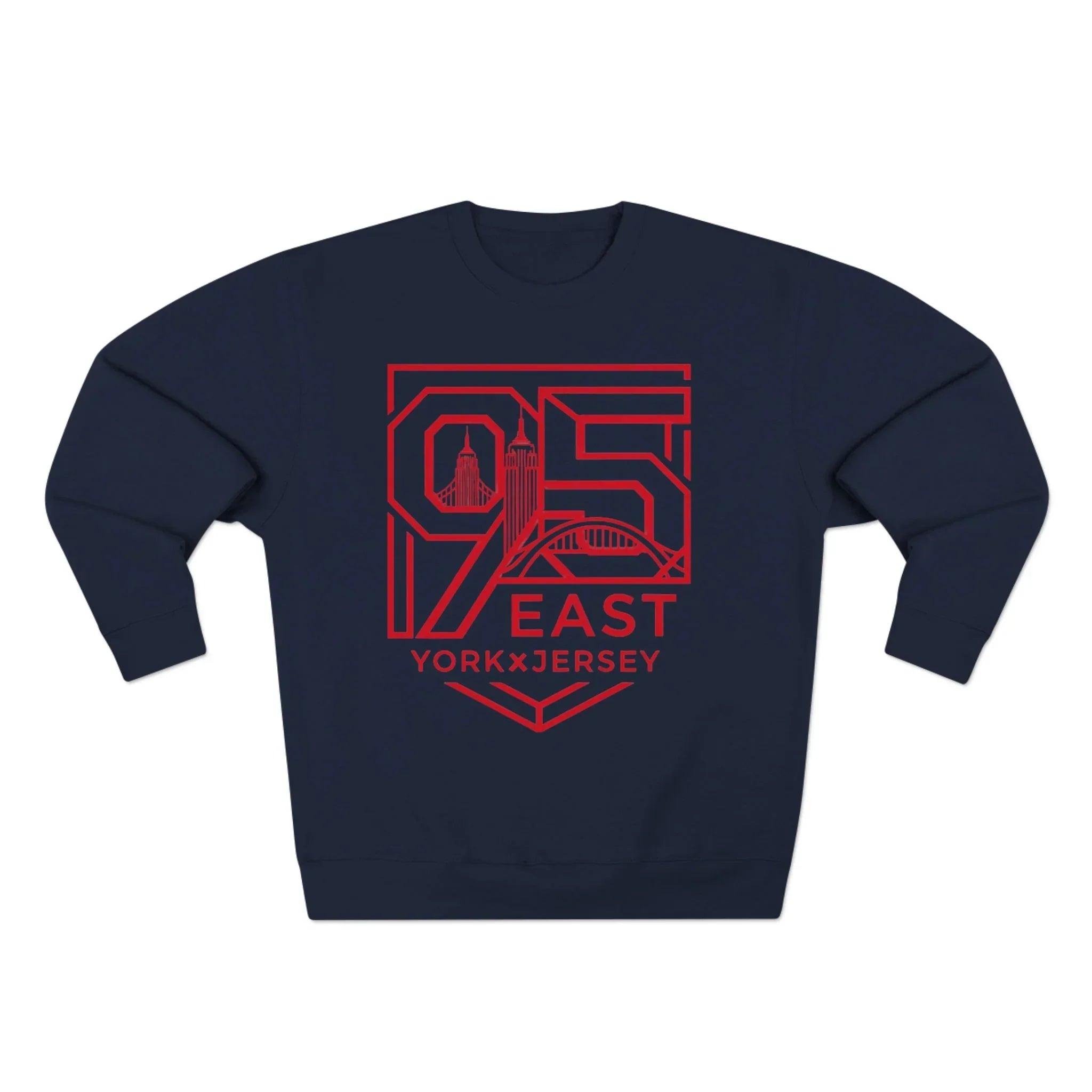 Navy hoodie with red 95 East YorkxJersey graphic, city skyline design, modern East Coast streetwear style