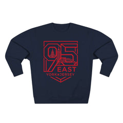 Navy hoodie with red 95 East YorkxJersey graphic, city skyline design, modern East Coast streetwear style