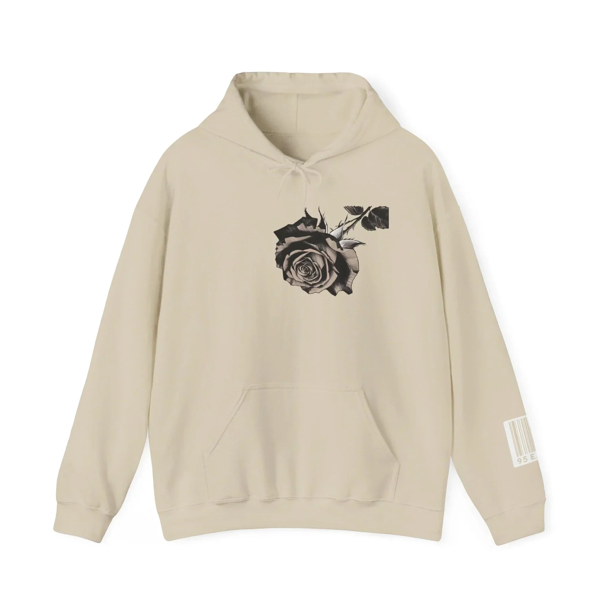 Beige hoodie with black rose graphic on chest and barcode detail on sleeve
