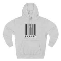 Gray hoodie with barcode graphic and '95 EAST' text, modern streetwear design