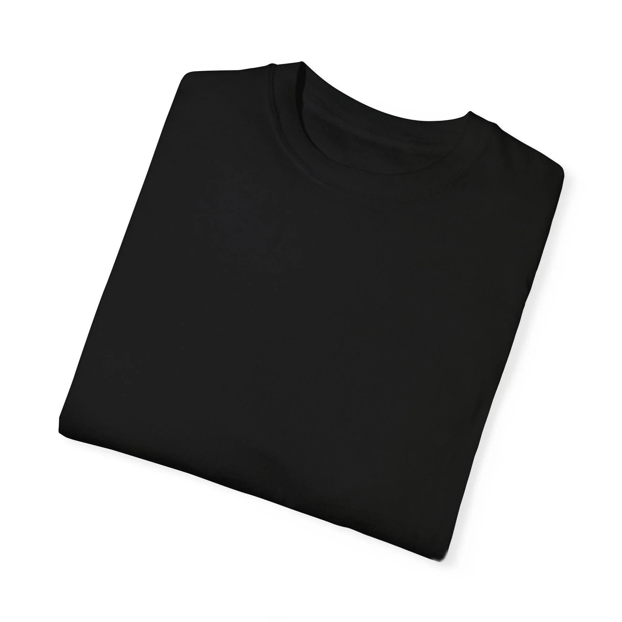 Black crew neck t-shirt folded on white background, minimalist design for everyday wear