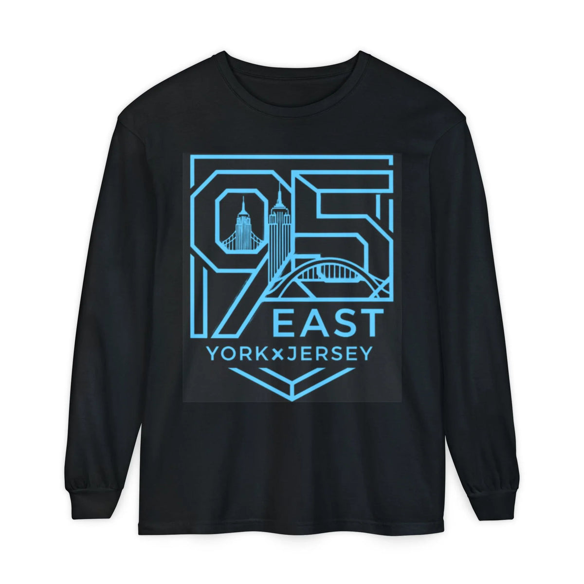 Black long-sleeve shirt with blue '95 East YorkxJersey' graphic featuring city skyline and bridge design
