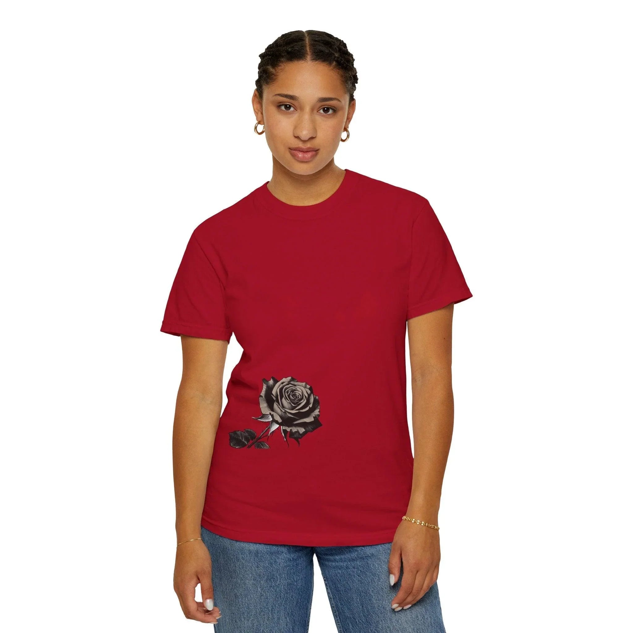 Red t-shirt with black rose graphic, modern East Coast style