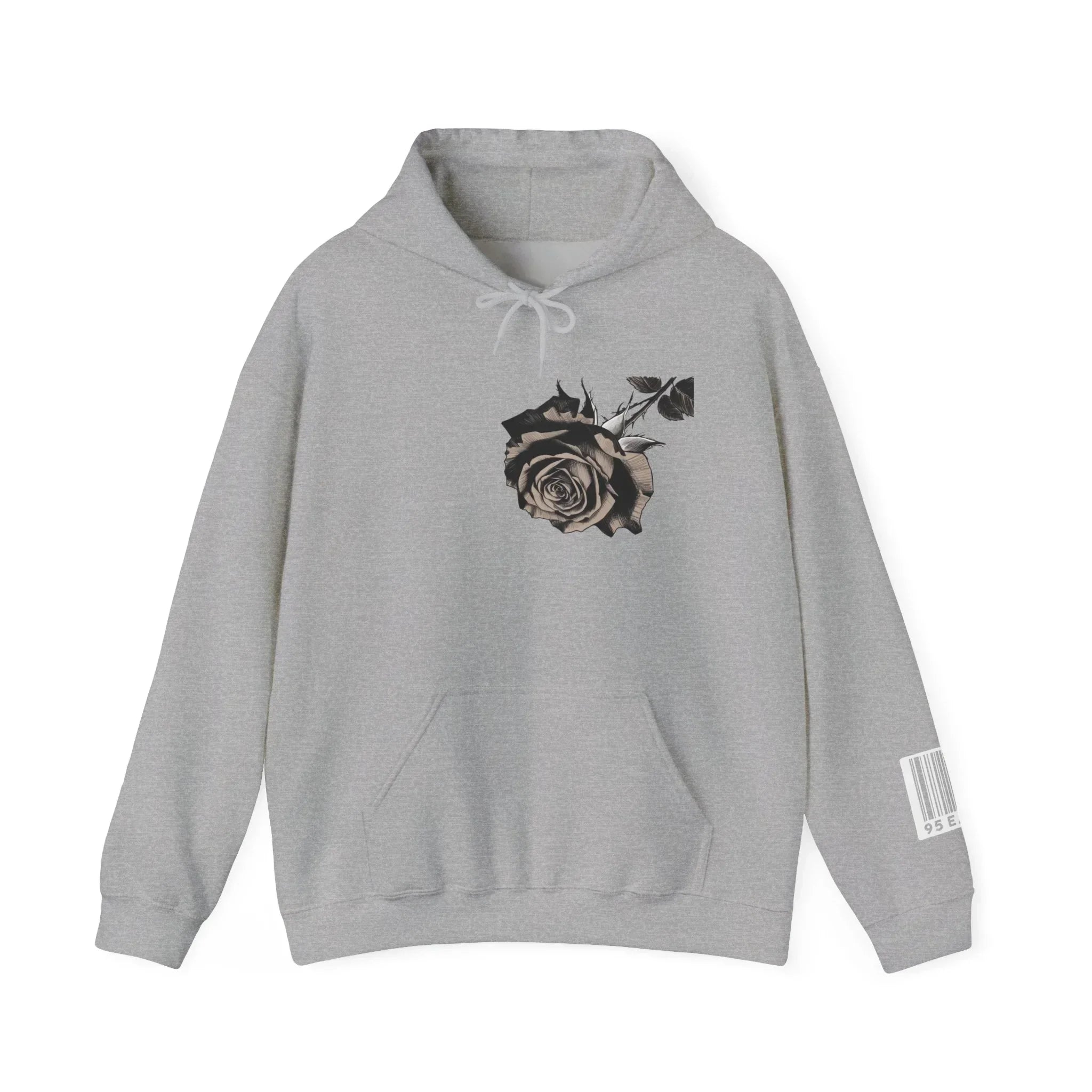 Grey hoodie with black rose graphic on chest and barcode detail on sleeve