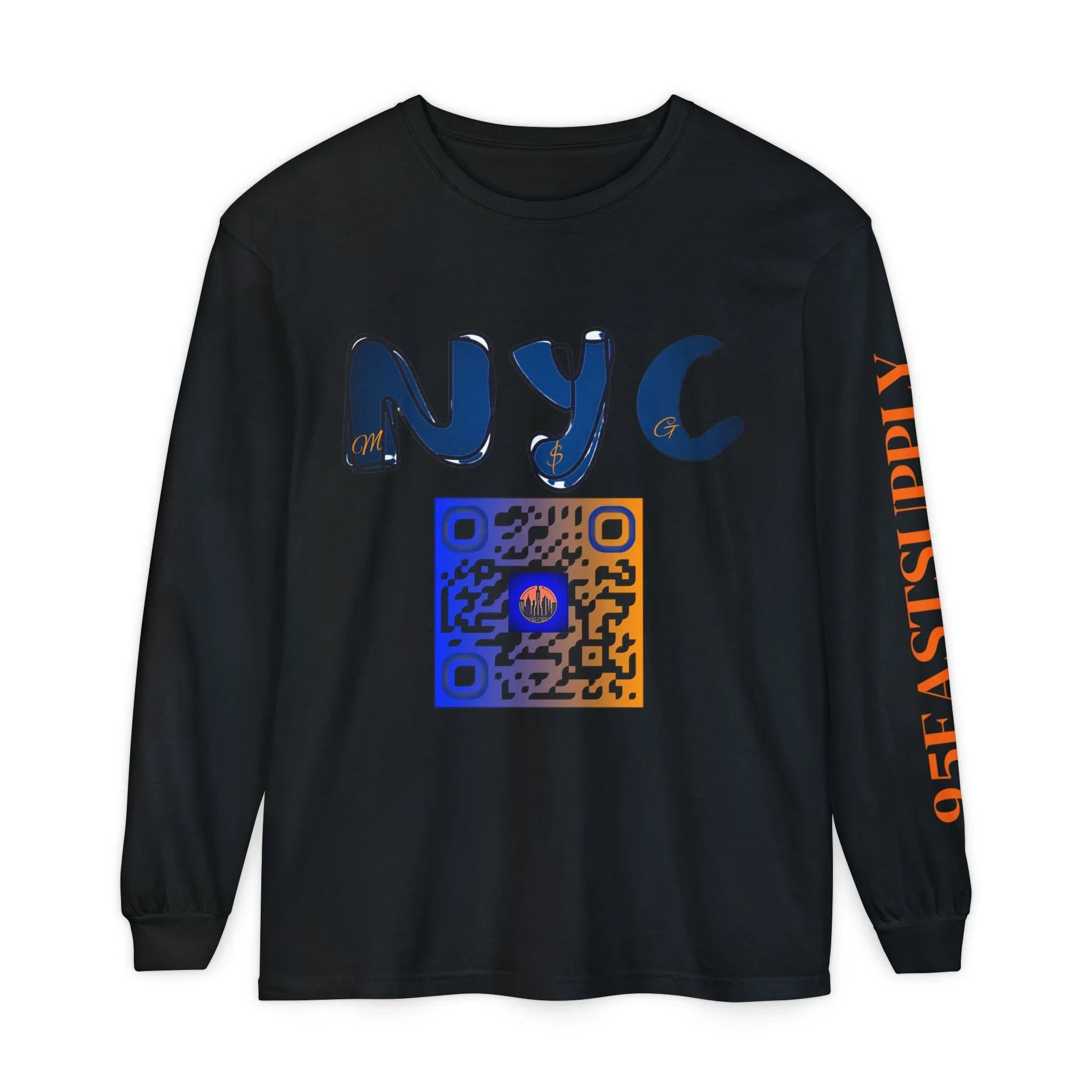 Black long sleeve NYC graphic tee with blue gradient letters, QR code, and orange sleeve text
