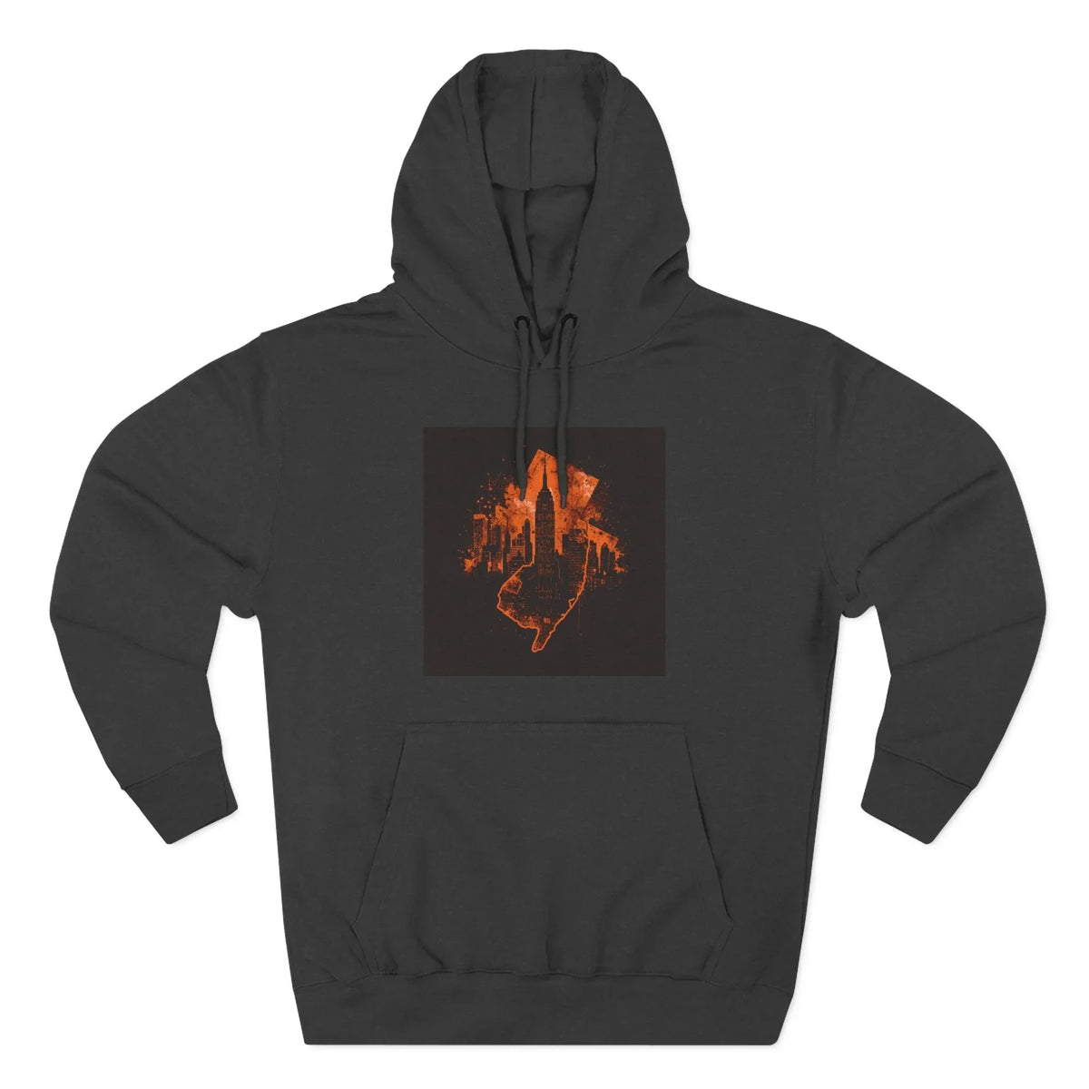 Black hoodie with bold orange cityscape and hand graphic on front
