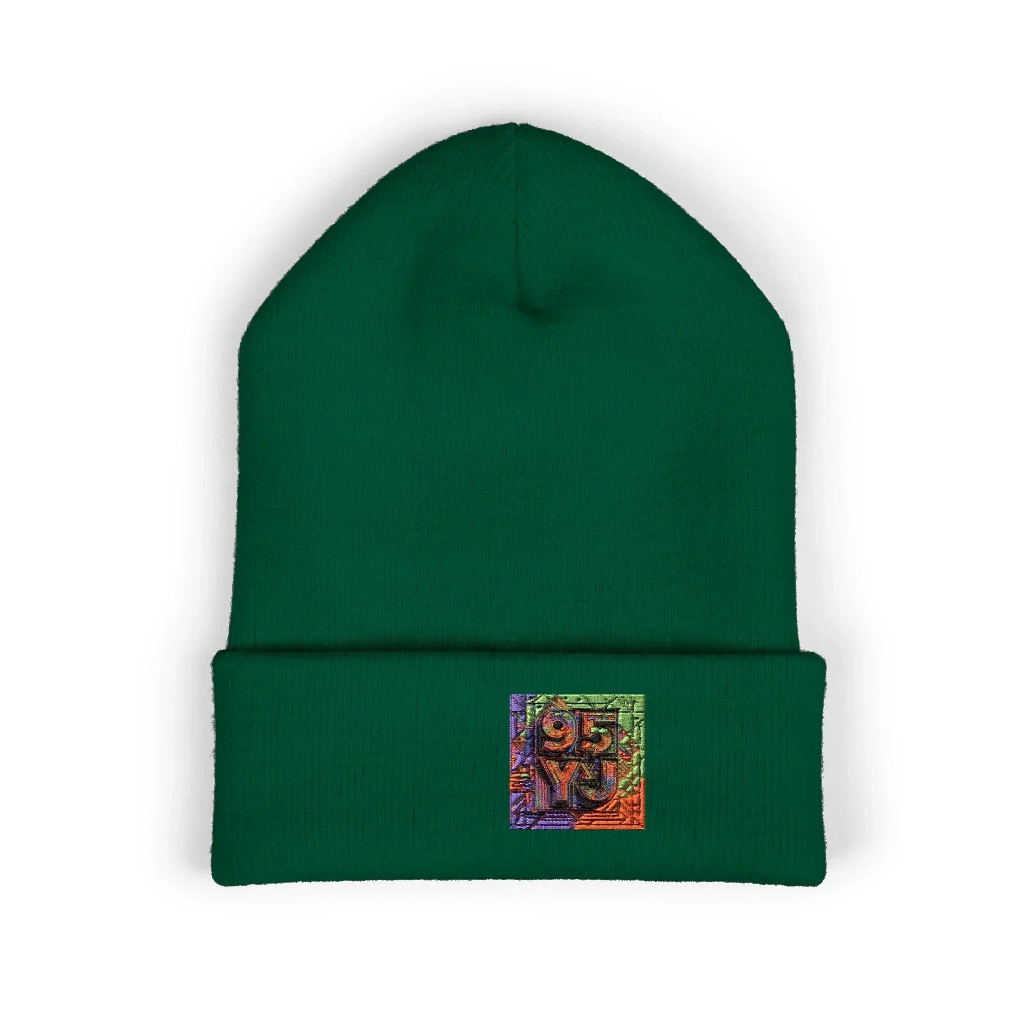 Green beanie with colorful embroidered 95YJ logo, blending East Coast style and modern design.