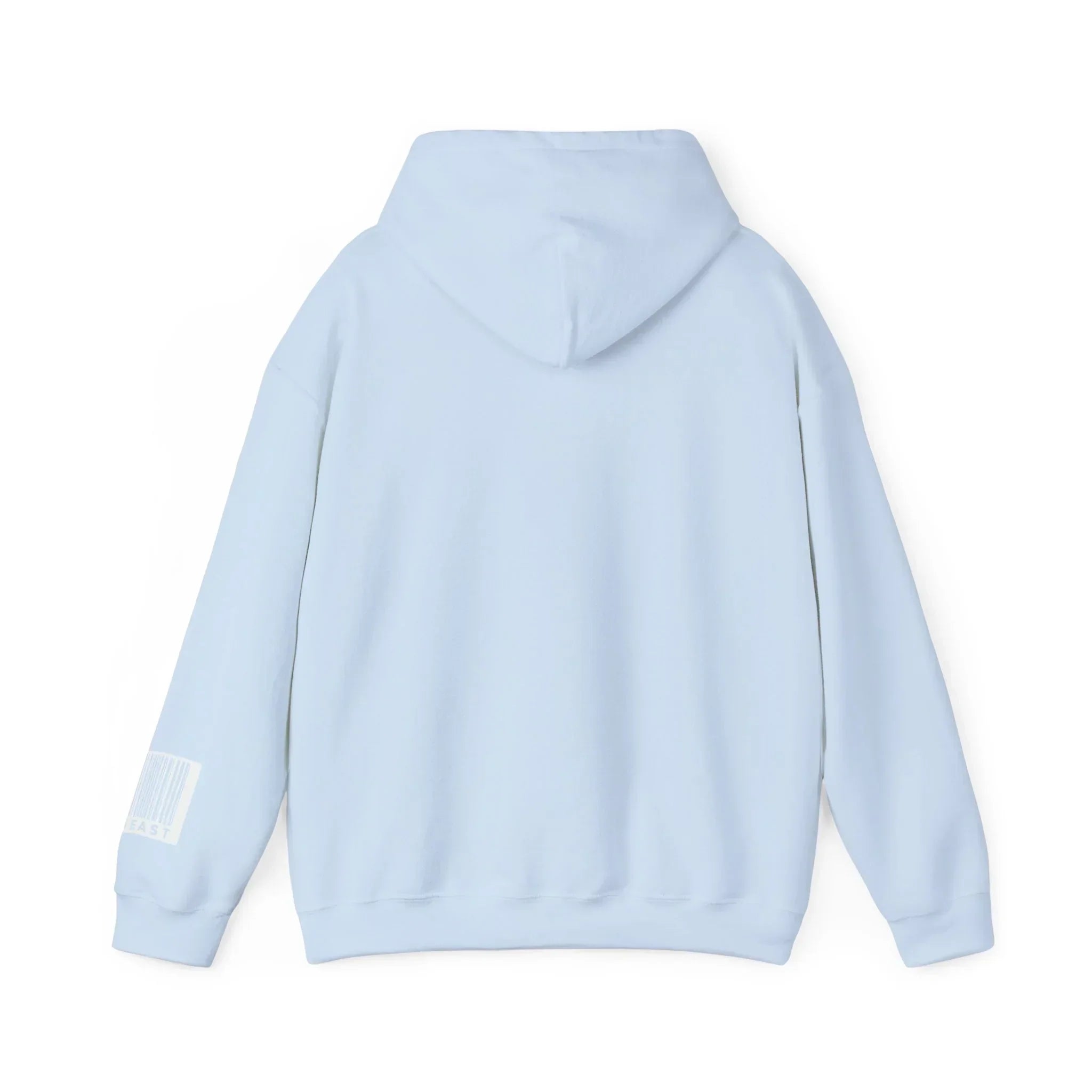 Light blue hoodie with hood, barcode graphic on left sleeve, rear view on white background