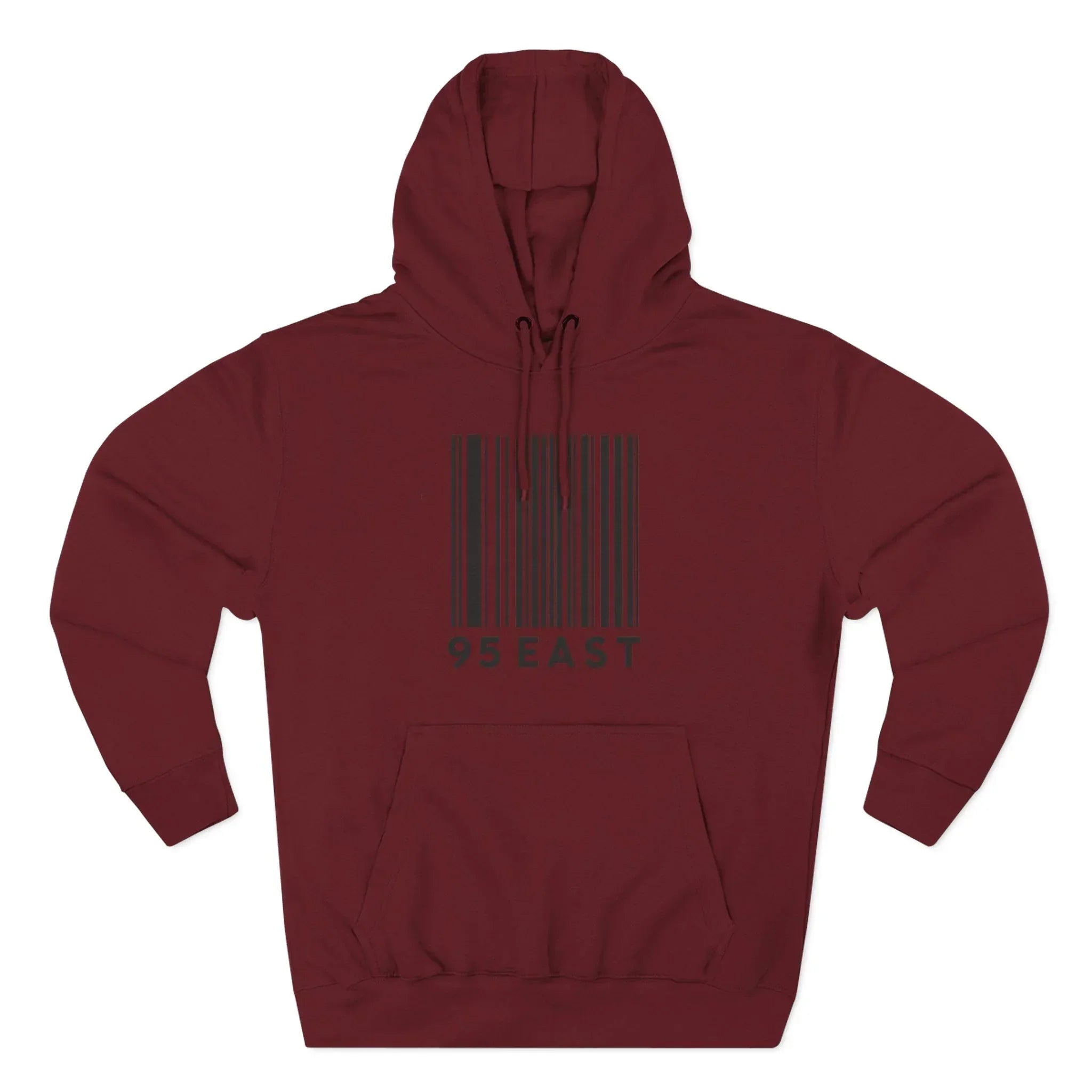 Maroon hoodie with barcode design and 95 EAST text, modern East Coast lifestyle apparel
