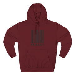 Maroon hoodie with barcode design and 95 EAST text, modern East Coast lifestyle apparel