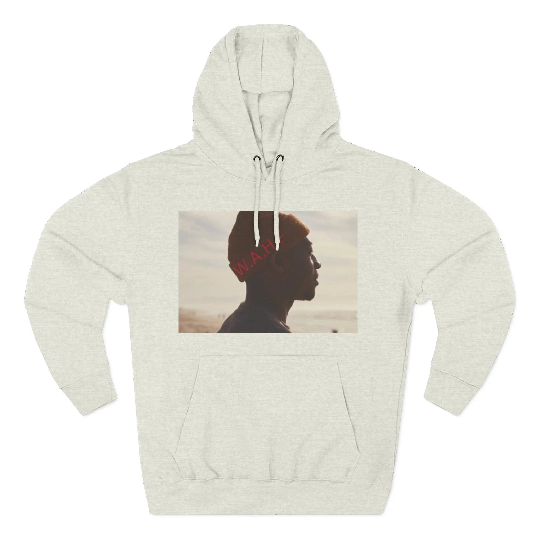 Light heather gray hoodie with beach sunset silhouette photo graphic and red W.A.H. text