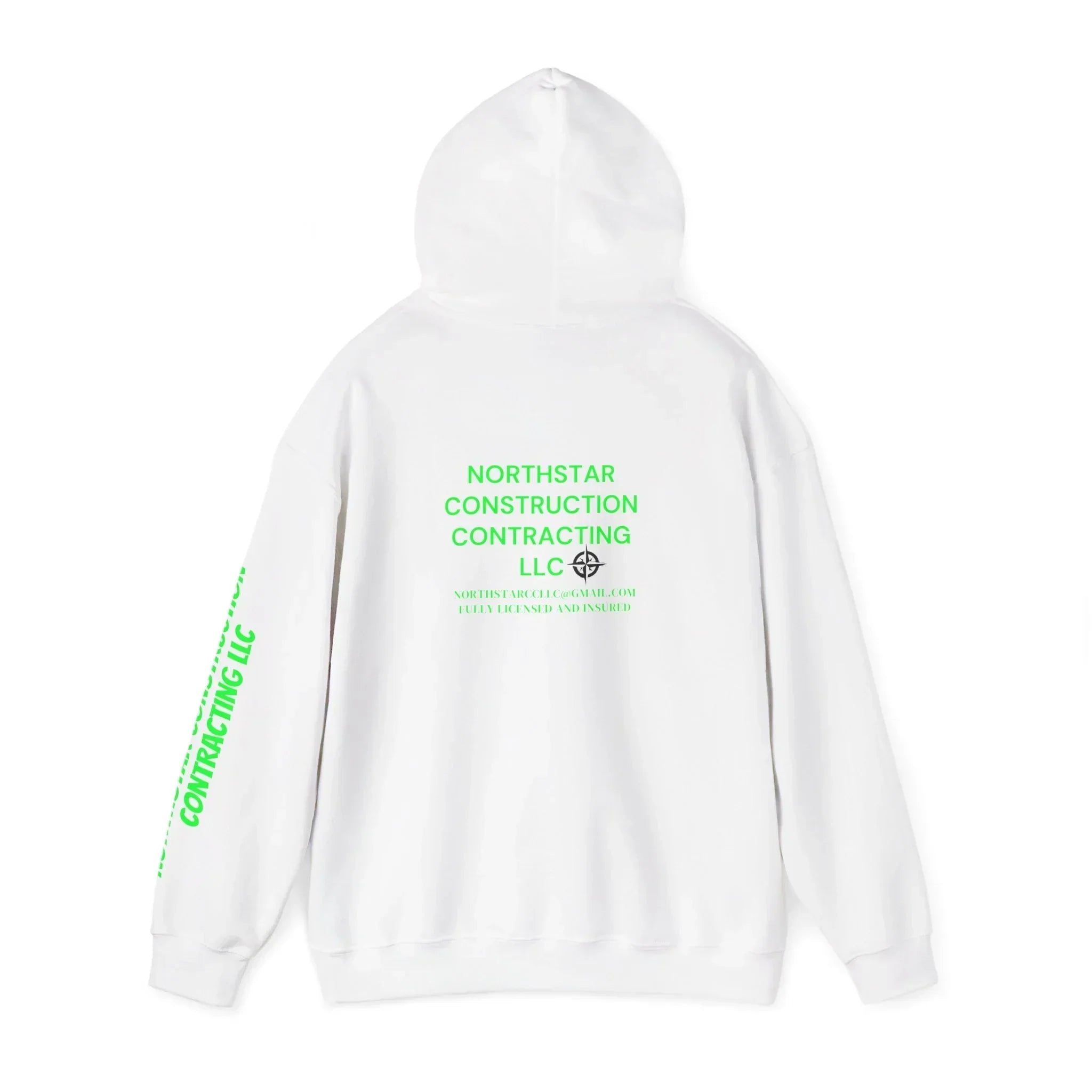 White hoodie with neon green 'Northstar Construction Contracting LLC' print on back and sleeve, modern streetwear design.