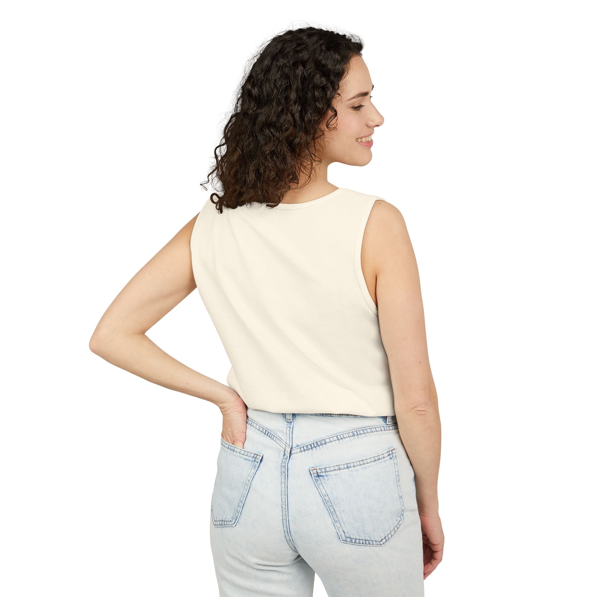 Woman in sleeveless cream top and light blue jeans, back view, on white background