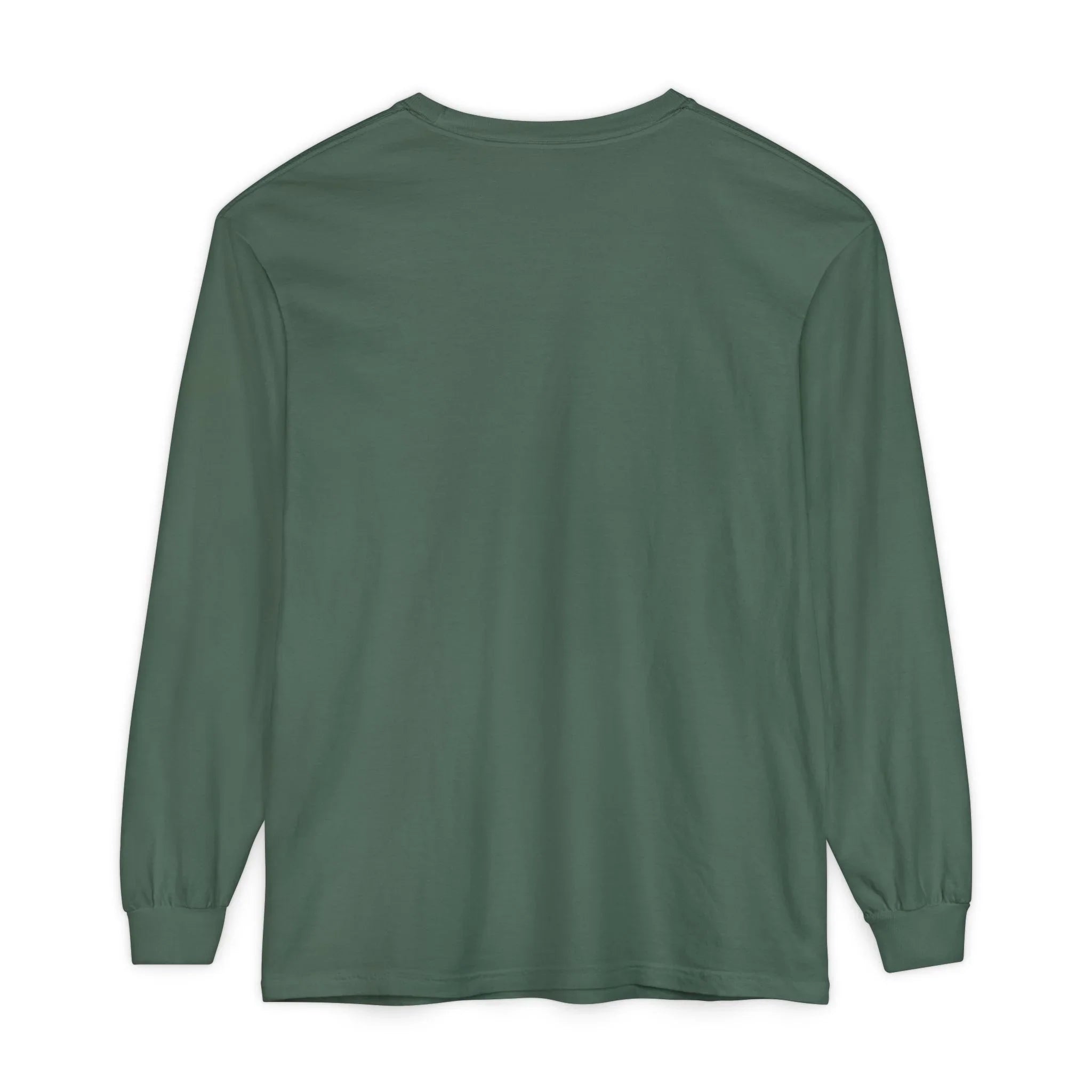 Dark green long sleeve t-shirt back view, minimalist design for everyday wear