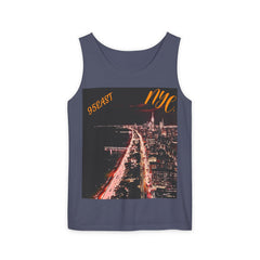 Men's navy tank top with NYC skyline and 95EAST text graphic print, urban streetwear