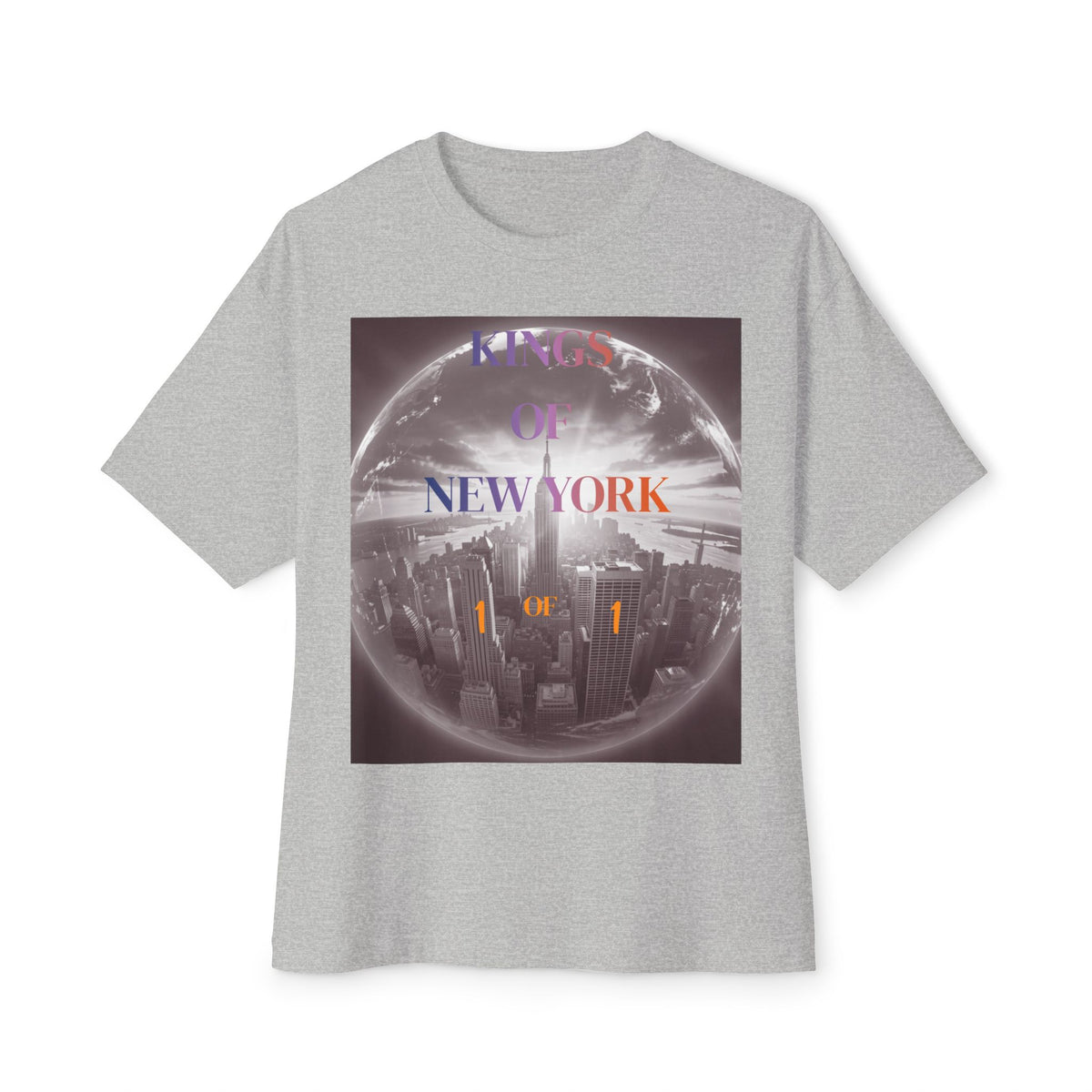 Gray t-shirt with 'Kings of New York' graphic, NYC skyline in globe design, bold typography