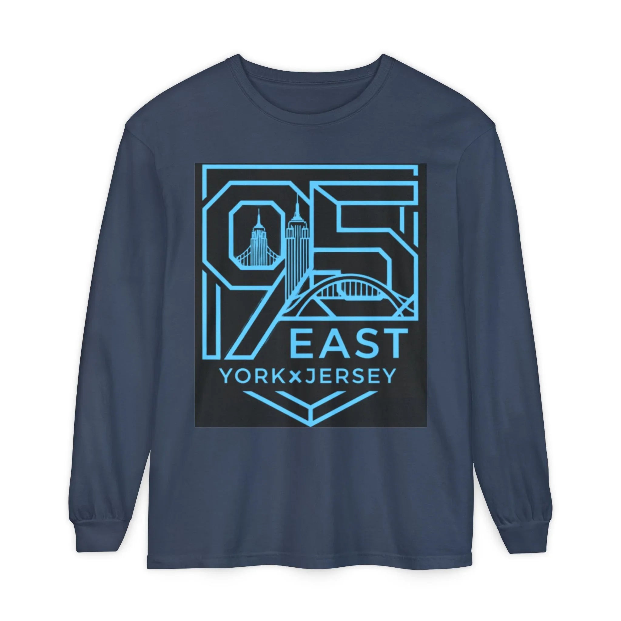 Navy long sleeve shirt with 95 East YorkxJersey graphic design featuring city skyline and bridge