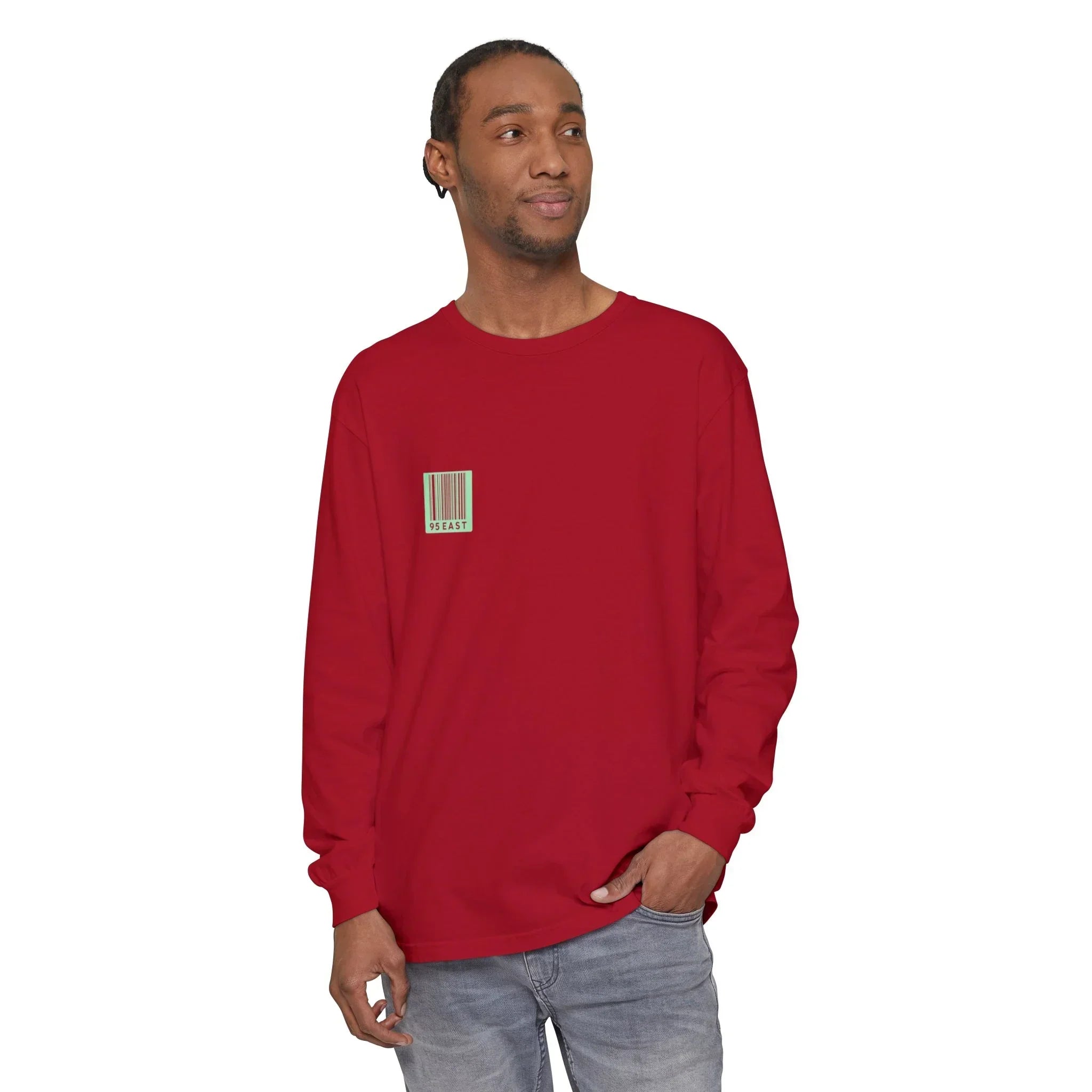 Red long sleeve shirt with barcode graphic, modern streetwear style
