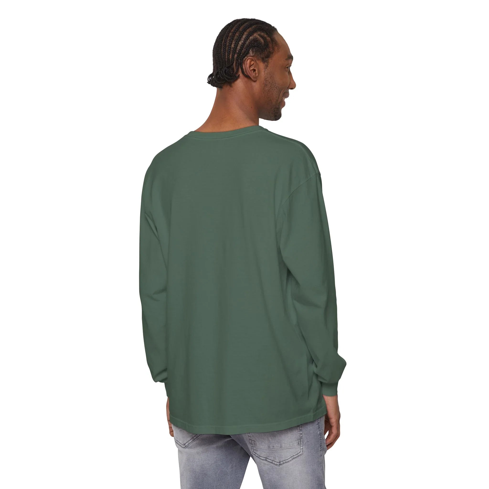 Man wearing olive green long-sleeve shirt and light jeans, back view