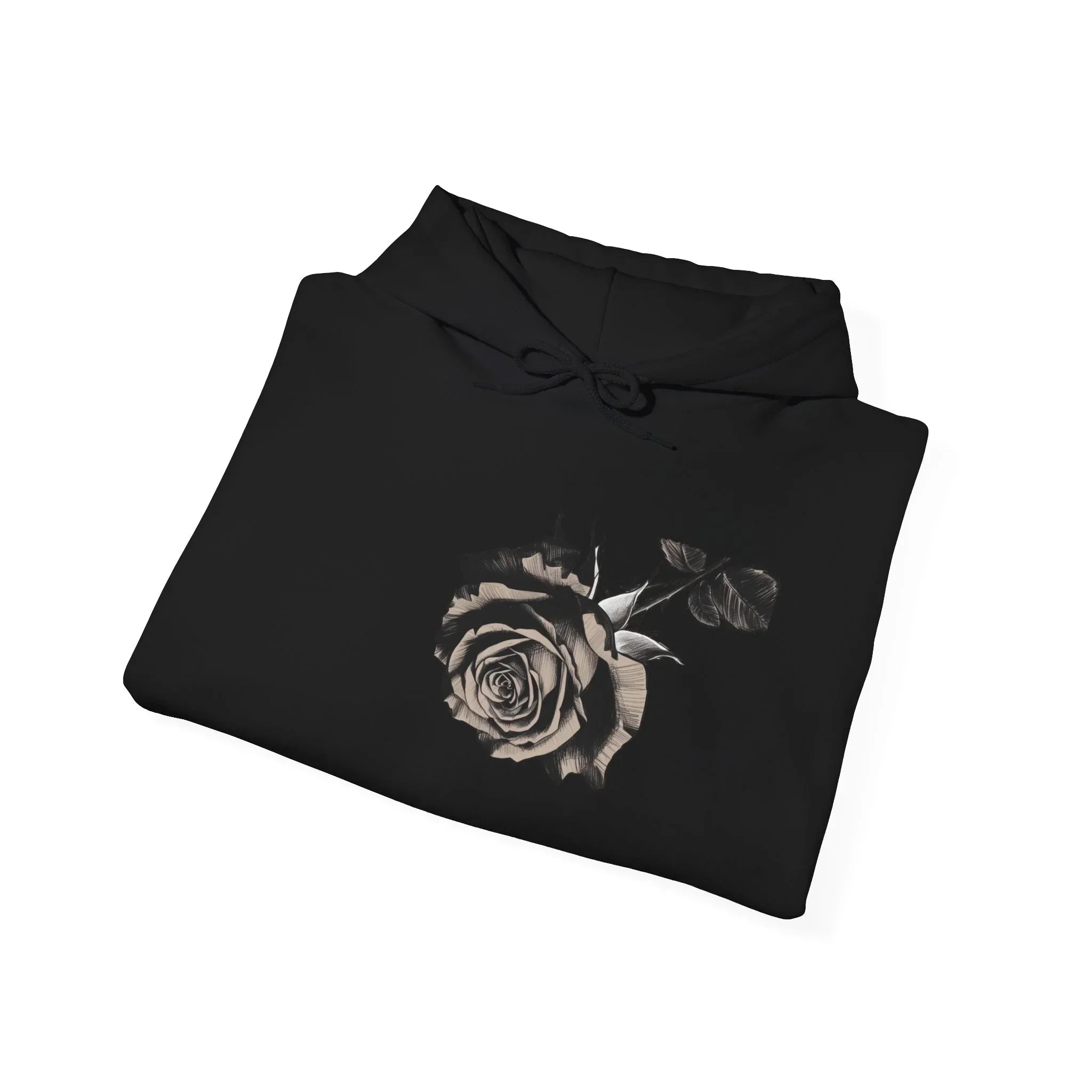 Black hoodie with artistic grayscale rose graphic on front, folded on white background