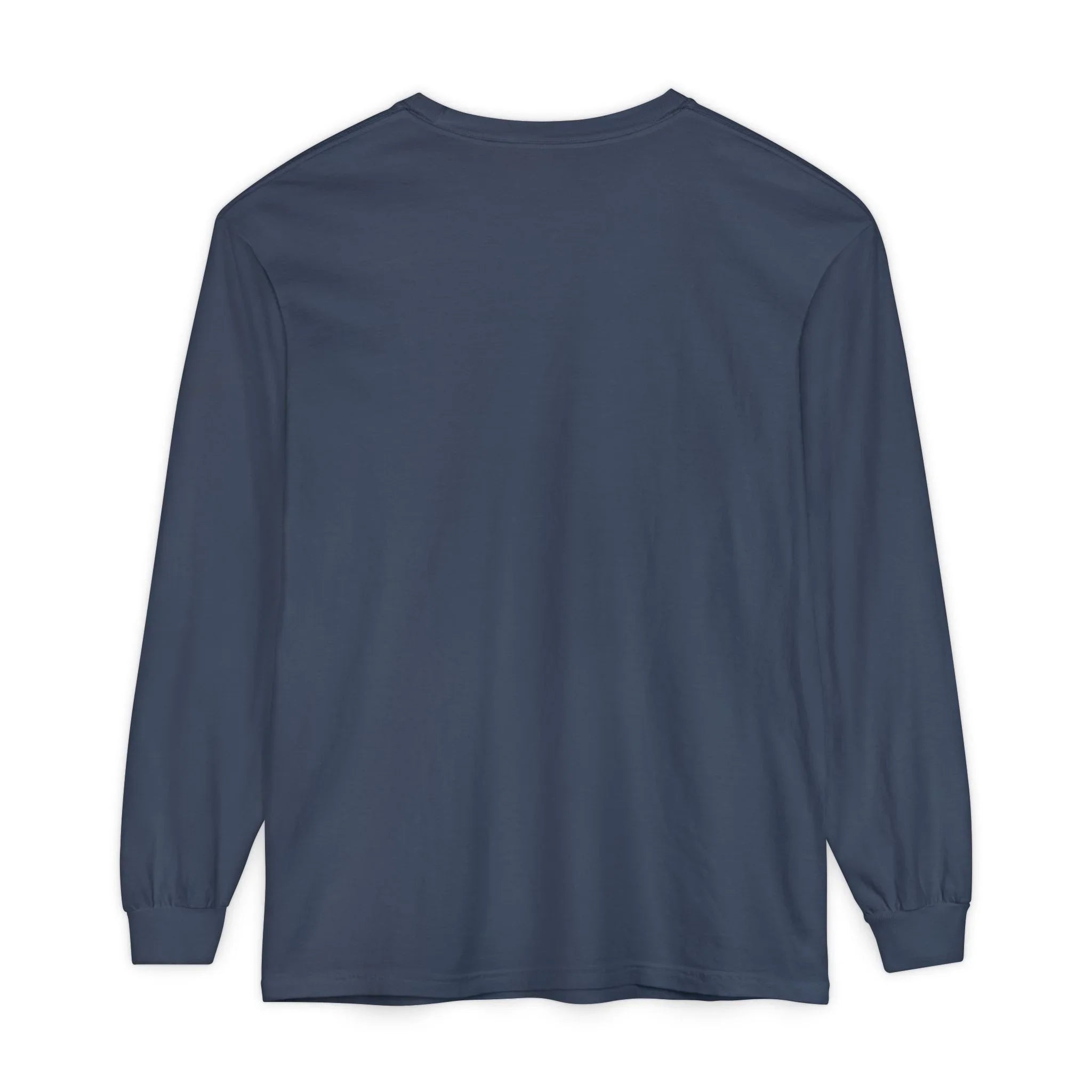 Navy blue long sleeve t-shirt, minimalist design, clean back view, casual wear, East Coast style