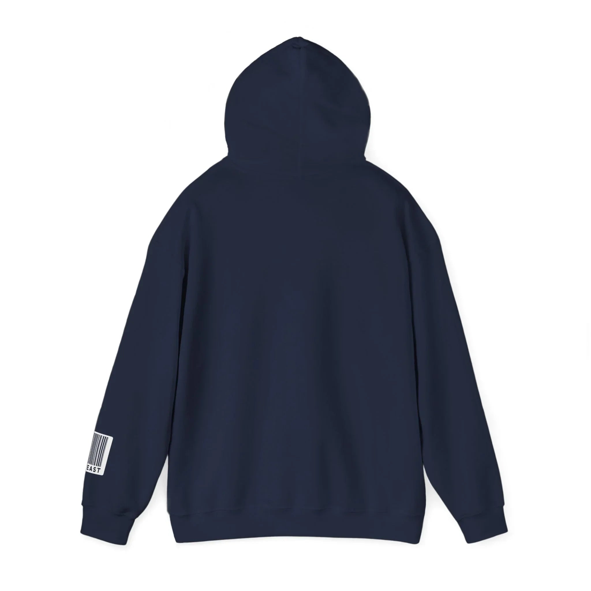 Navy blue hoodie with hood up, barcode patch on sleeve, plain back, modern streetwear style.